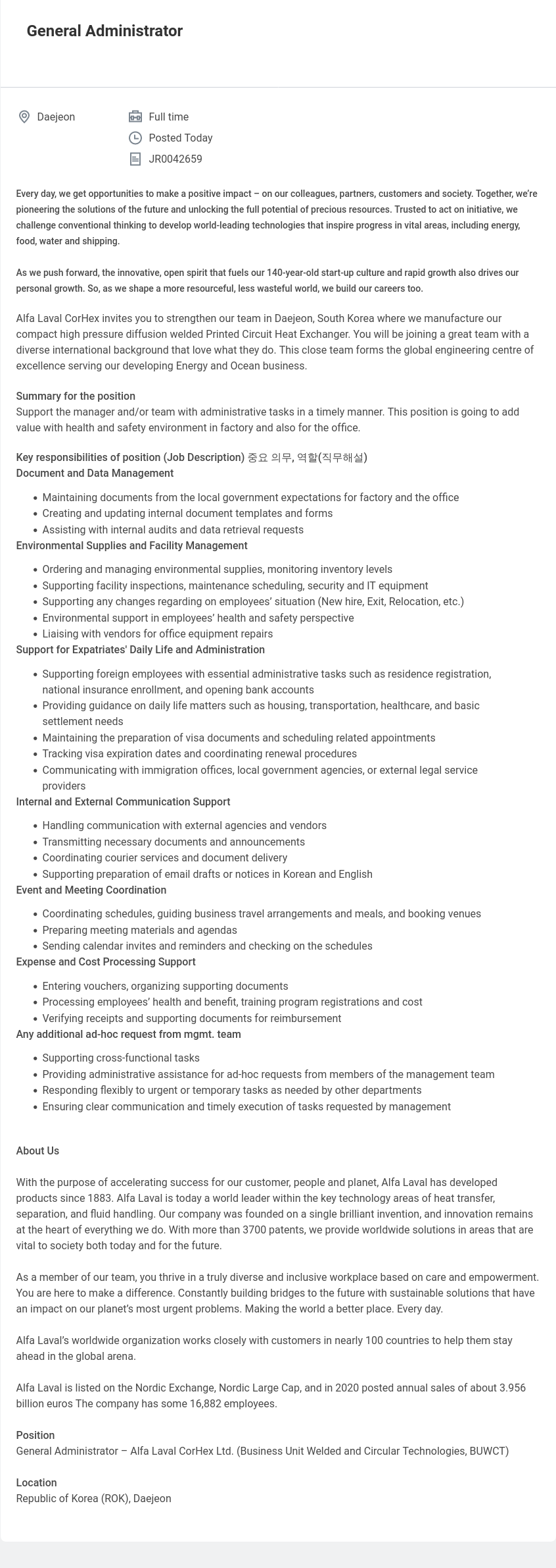 알파라발 General Administrator - Alfa Laval CorHex Ltd. 채용공고