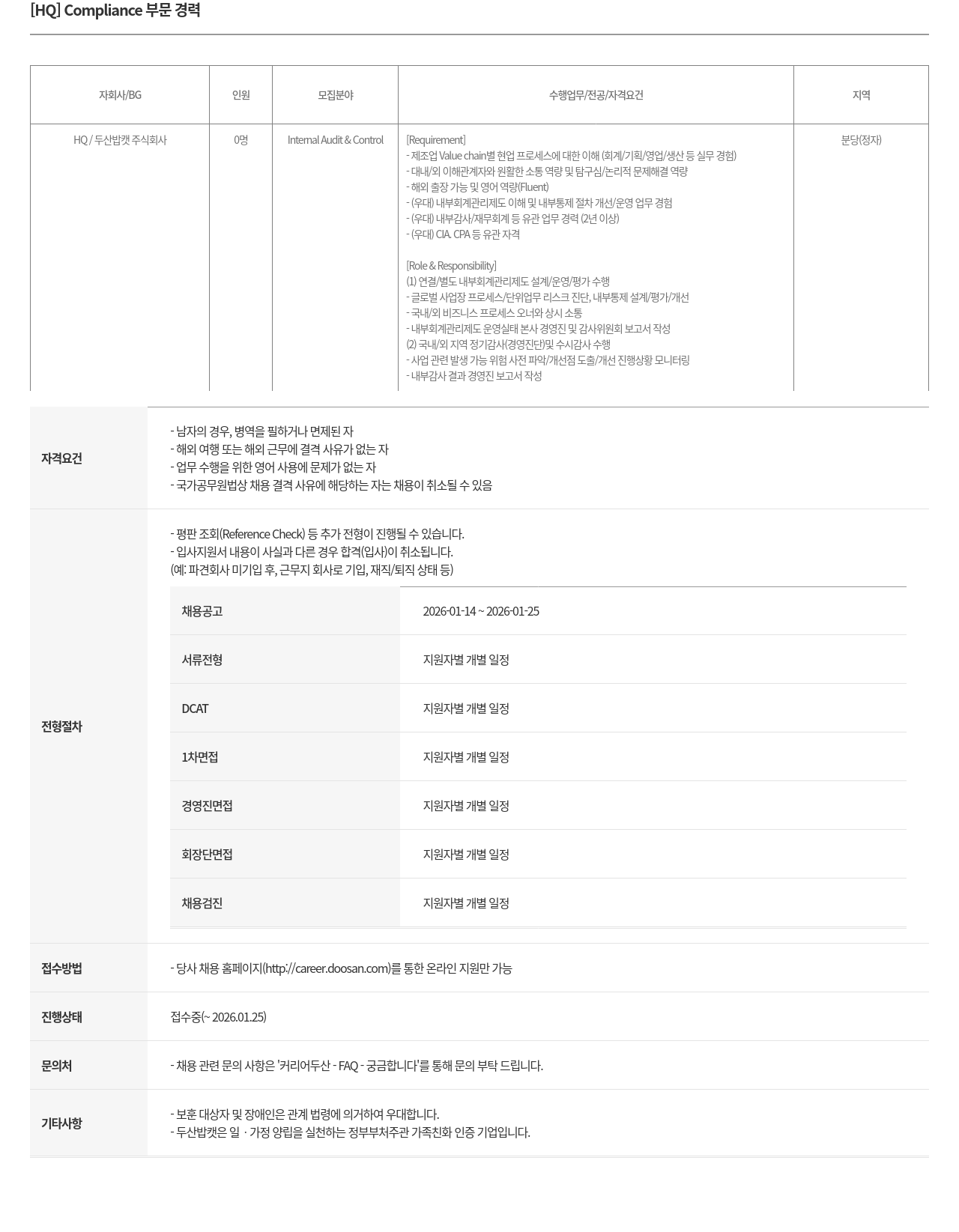 두산밥캣 Internal Audit &amp; Control 채용공고