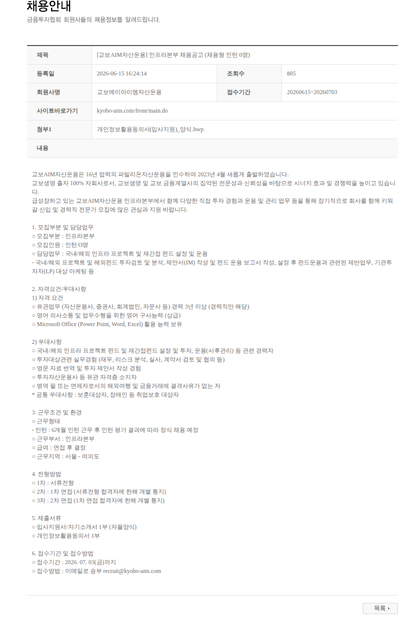 교보AIM자산운용 [교보AIM자산운용] 인프라본부 채용공고 (채용형 인턴 0명) 채용공고