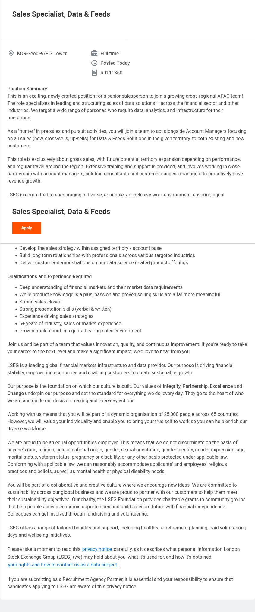 레피니티브코리아 Sales Specialist, Data & Feeds 채용공고