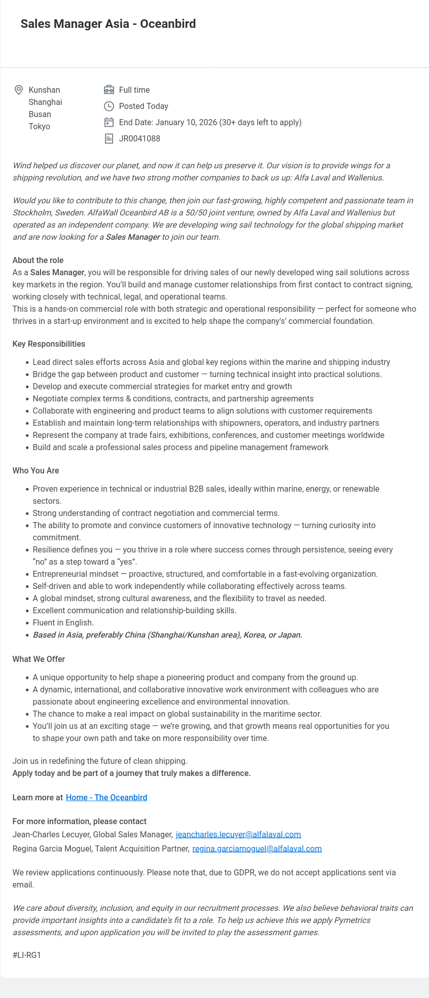 알파라발 Sales Manager Asia - Oceanbird 채용공고