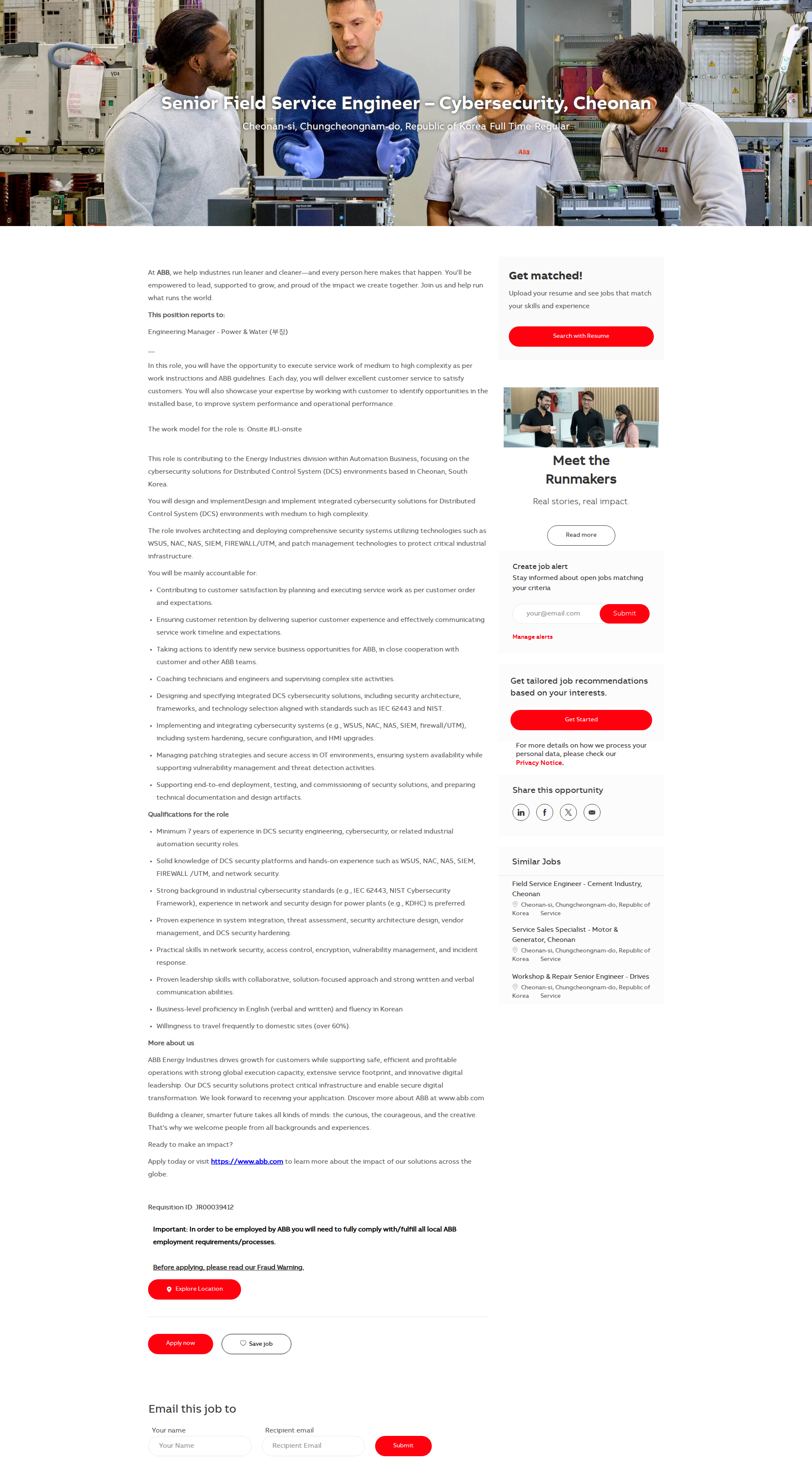 ABB코리아 Senior Field Service Engineer – Cybersecurity, Cheonan 채용공고