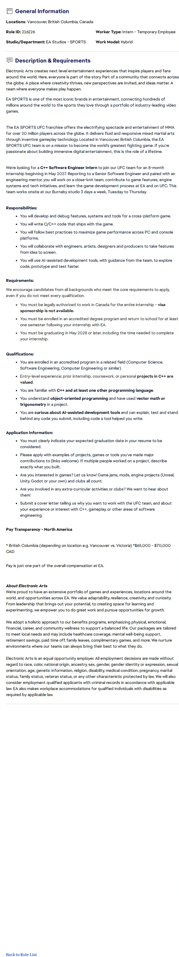 ElectronicArts C++ Software Engineer Intern (UFC - Vancouver - Summer 2027 - 8-months) 채용공고