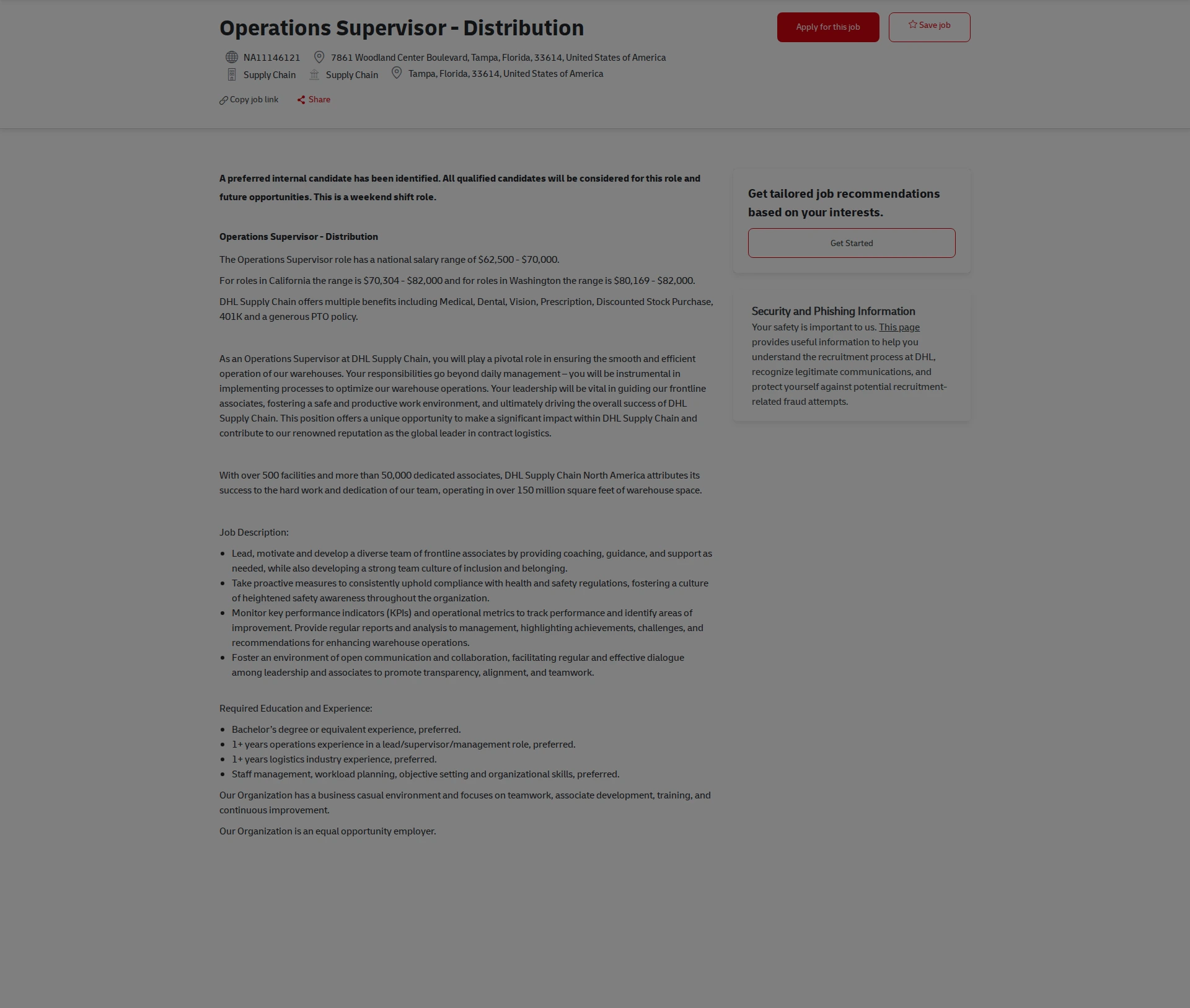 DHL Operations Supervisor - Distribution 채용공고