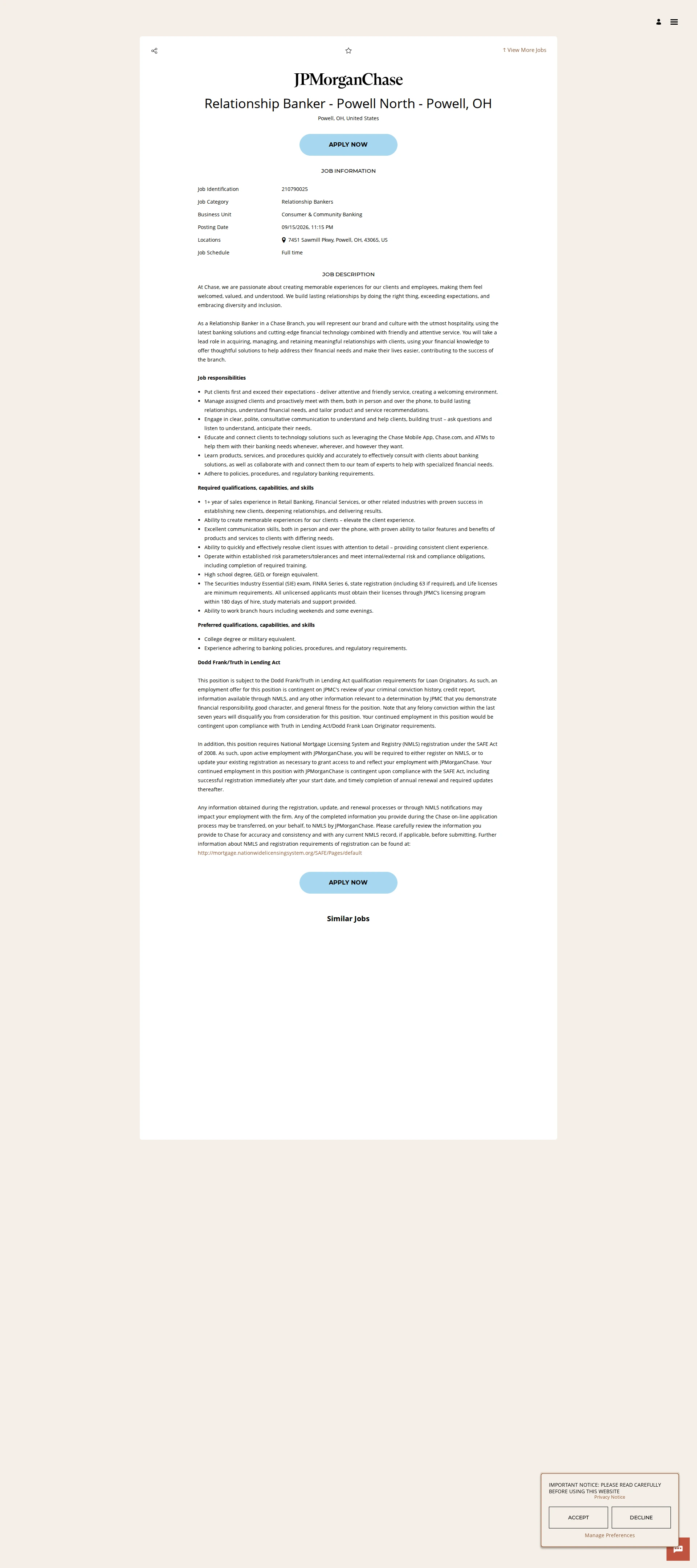 JPMorganChase Relationship Banker - Powell North - Powell, OH 채용공고
