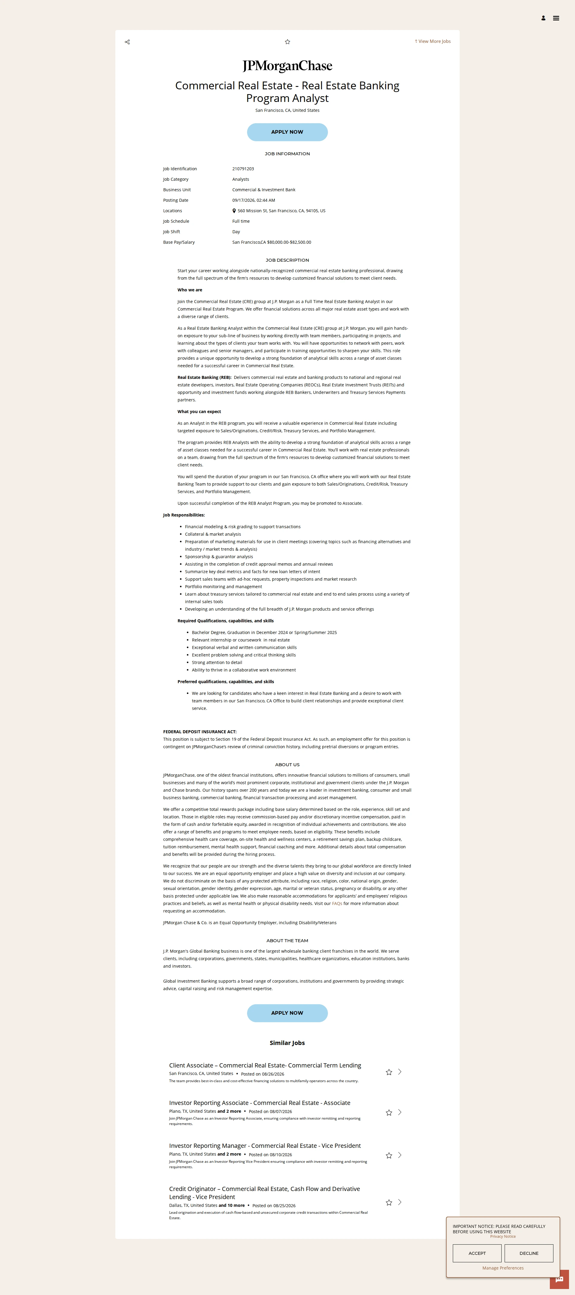 JPMorganChase Commercial Real Estate - Real Estate Banking Program Analyst 채용공고