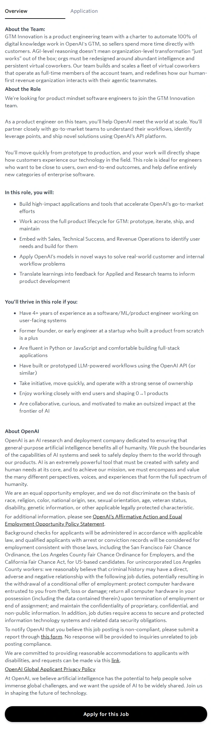 오픈에이아이(OpenAI) Product Engineer, GTM Innovation 채용공고
