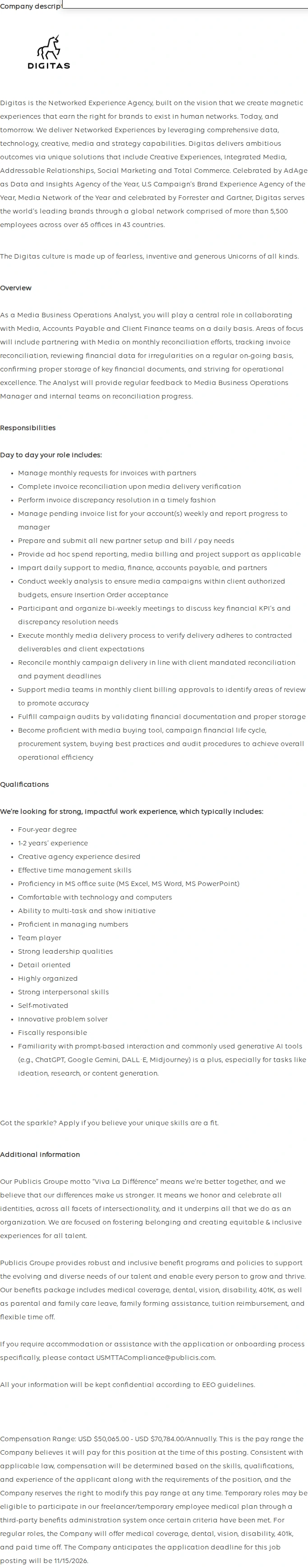Publicis Groupe Analyst, Media Business Operations 채용공고
