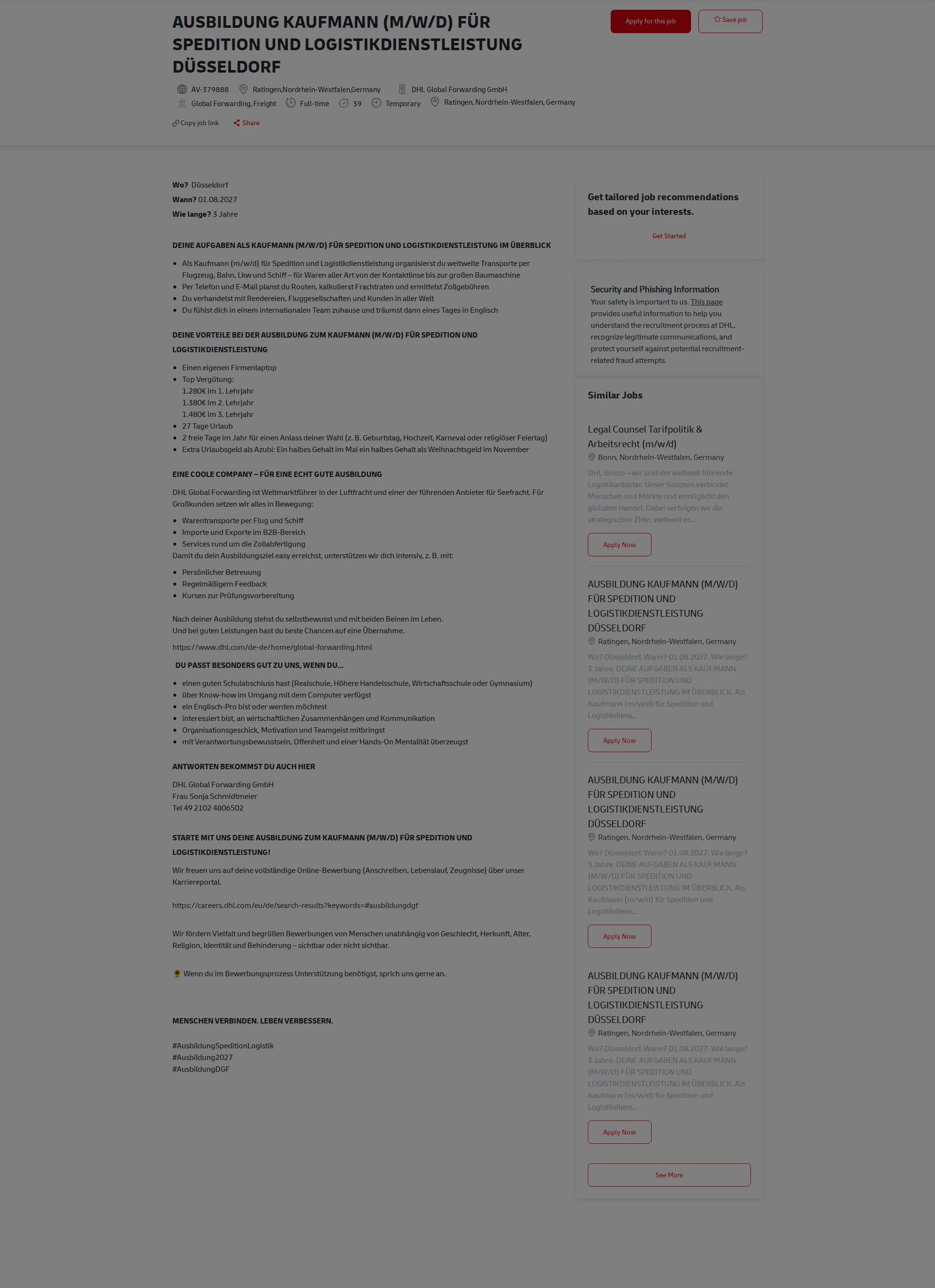 DHL AUSBILDUNG KAUFMANN (M/W/D) FÜR SPEDITION UND LOGISTIKDIENSTLEISTUNG DÜSSELDORF 채용공고
