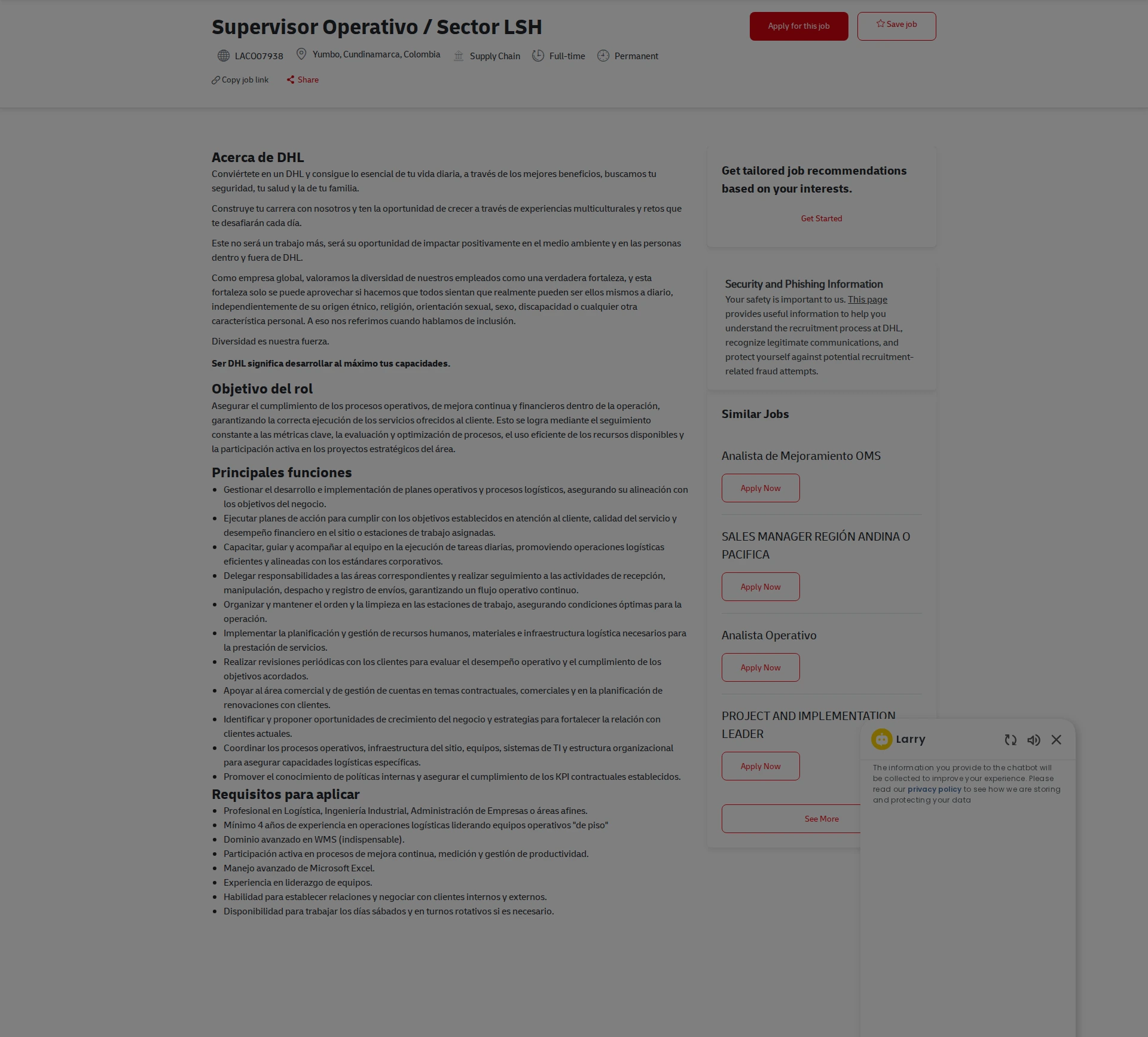 DHL Supervisor Operativo / Sector LSH 채용공고