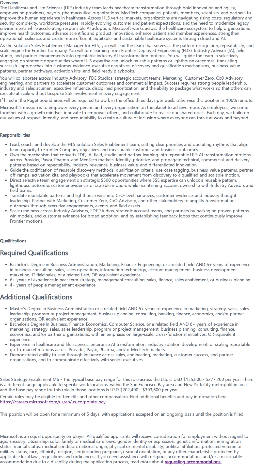마이크로소프트(Microsoft) Solution Sales Enablement Manager 채용공고