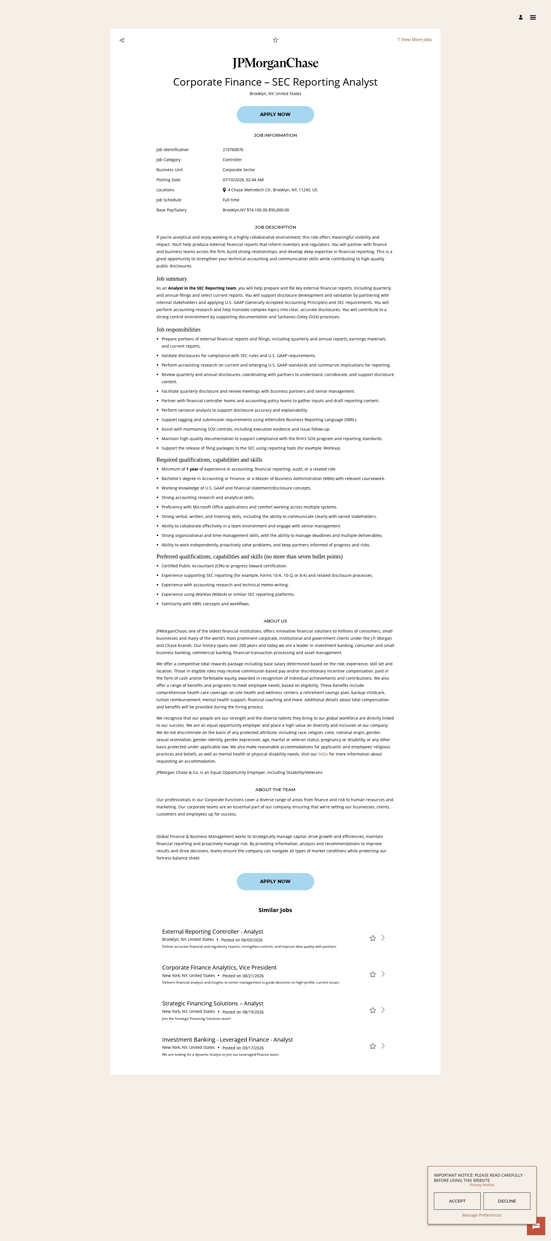 JPMorganChase Corporate Finance – SEC Reporting Analyst 채용공고
