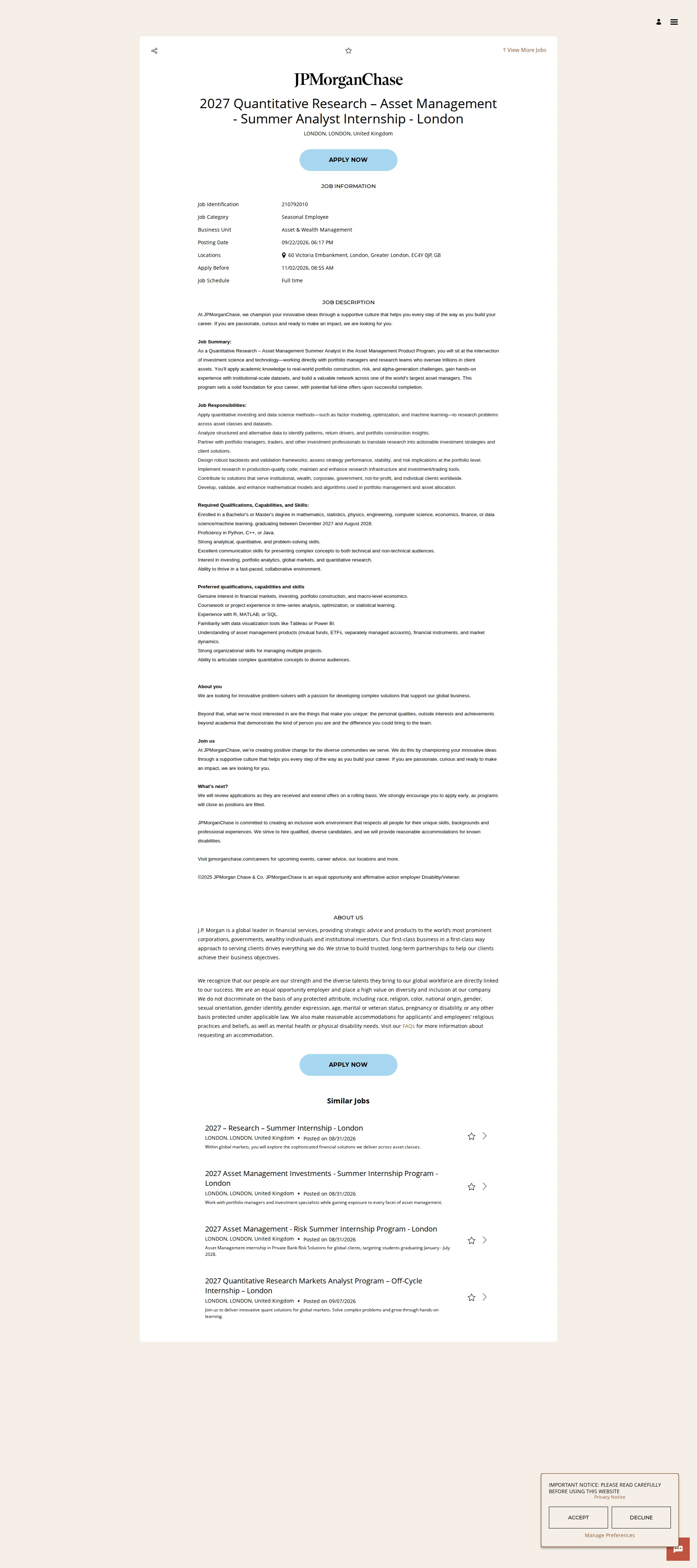 JPMorganChase 2027 Quantitative Research – Asset Management - Summer Analyst Internship - London 채용공고