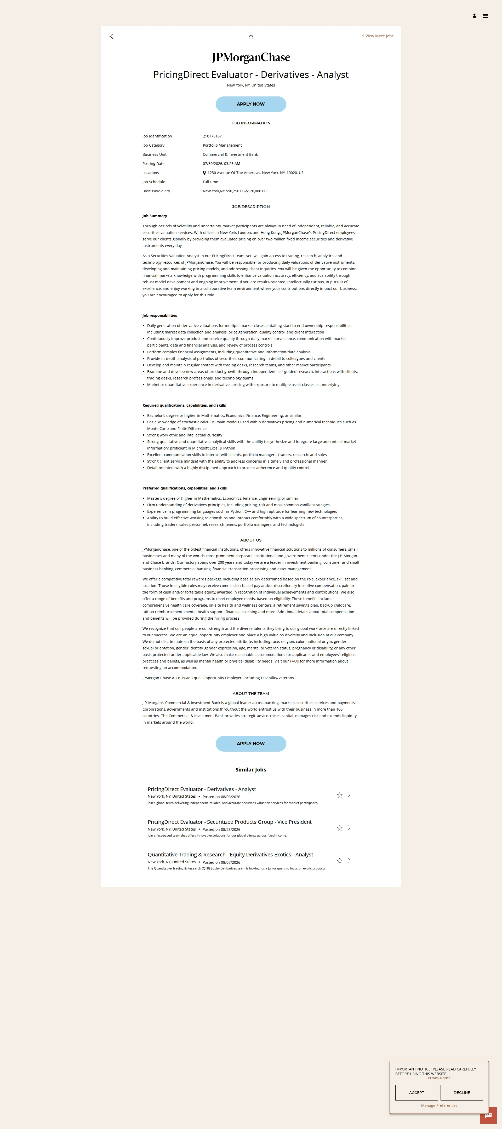 JPMorganChase PricingDirect Evaluator - Derivatives - Analyst 채용공고