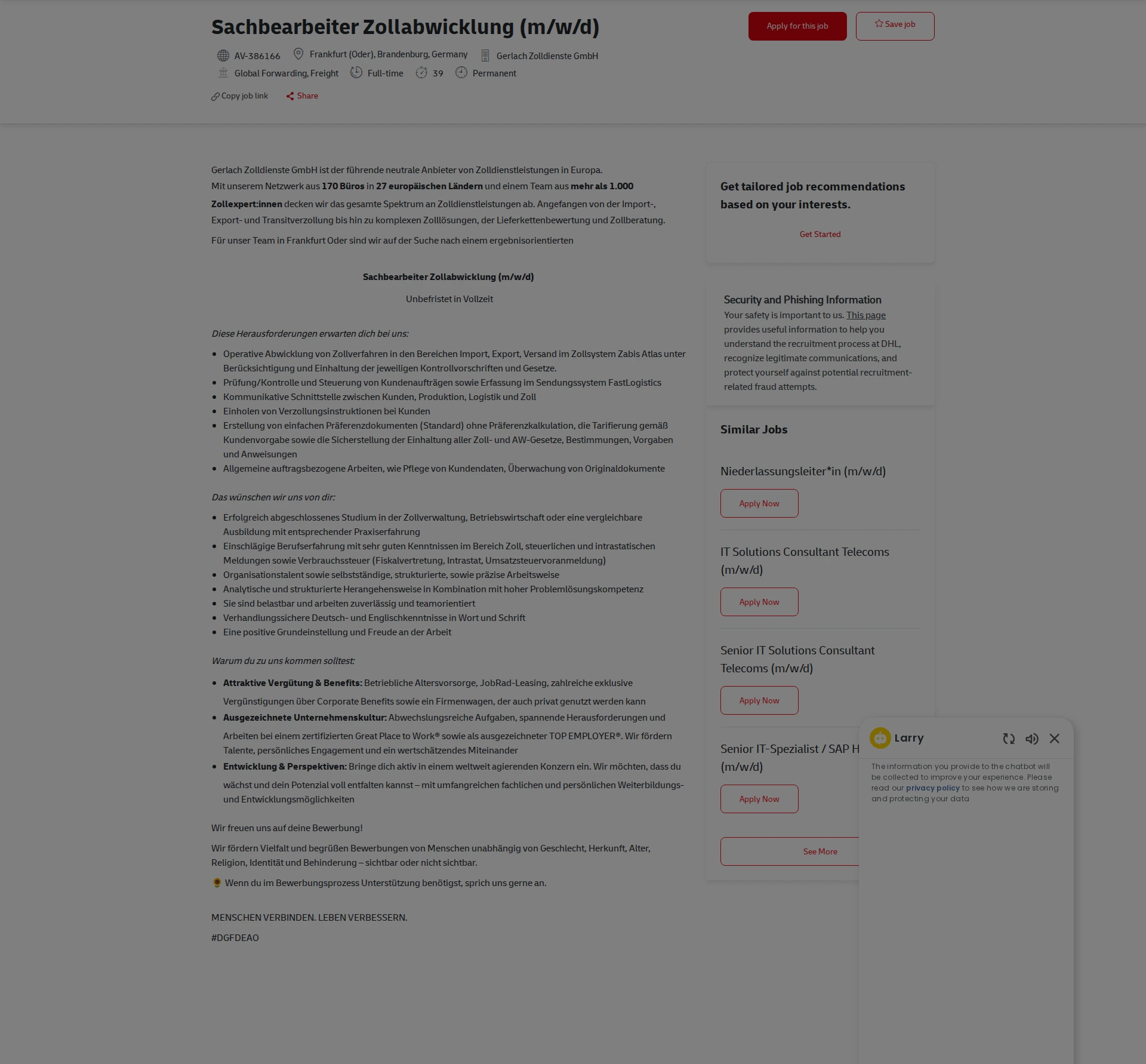 DHL Sachbearbeiter Zollabwicklung (m/w/d) 채용공고