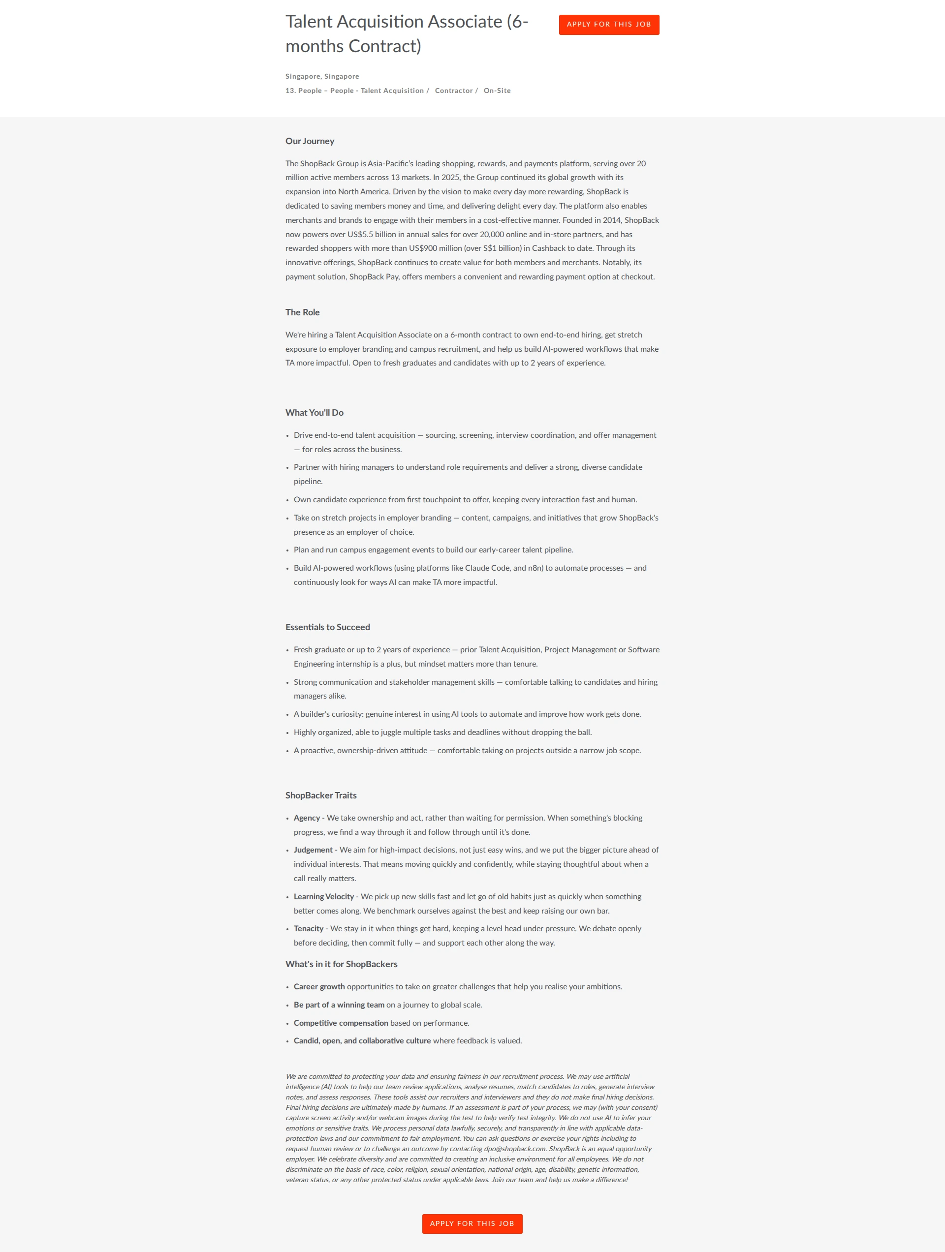 샵백 Talent Acquisition Associate (6-months Contract) 채용공고