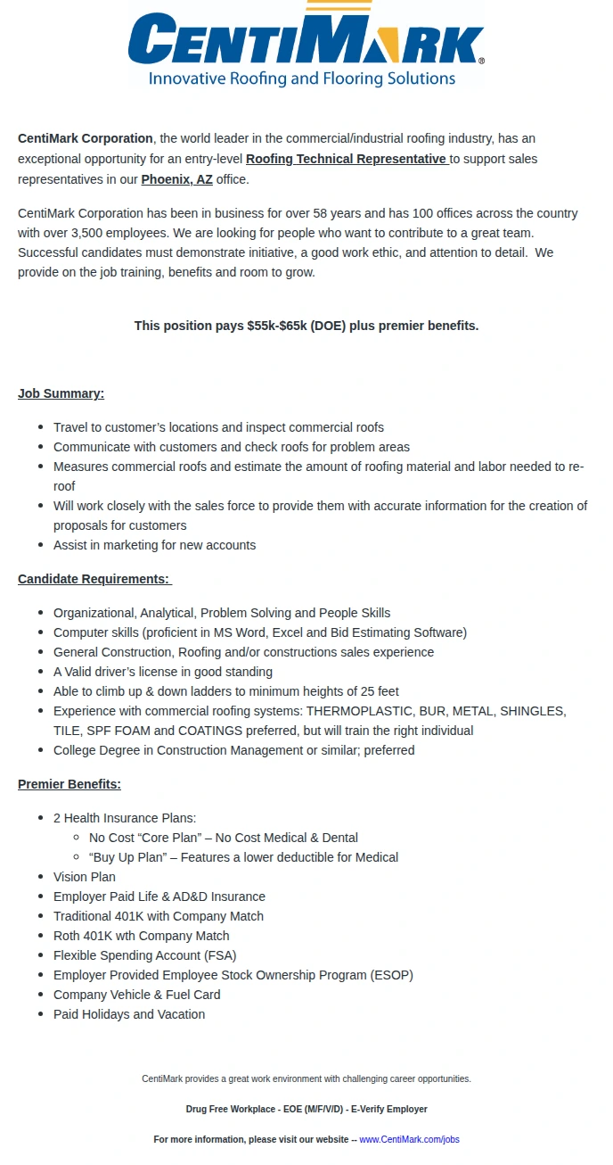 CentiMark Corporation Roofing Technical Representative 채용공고