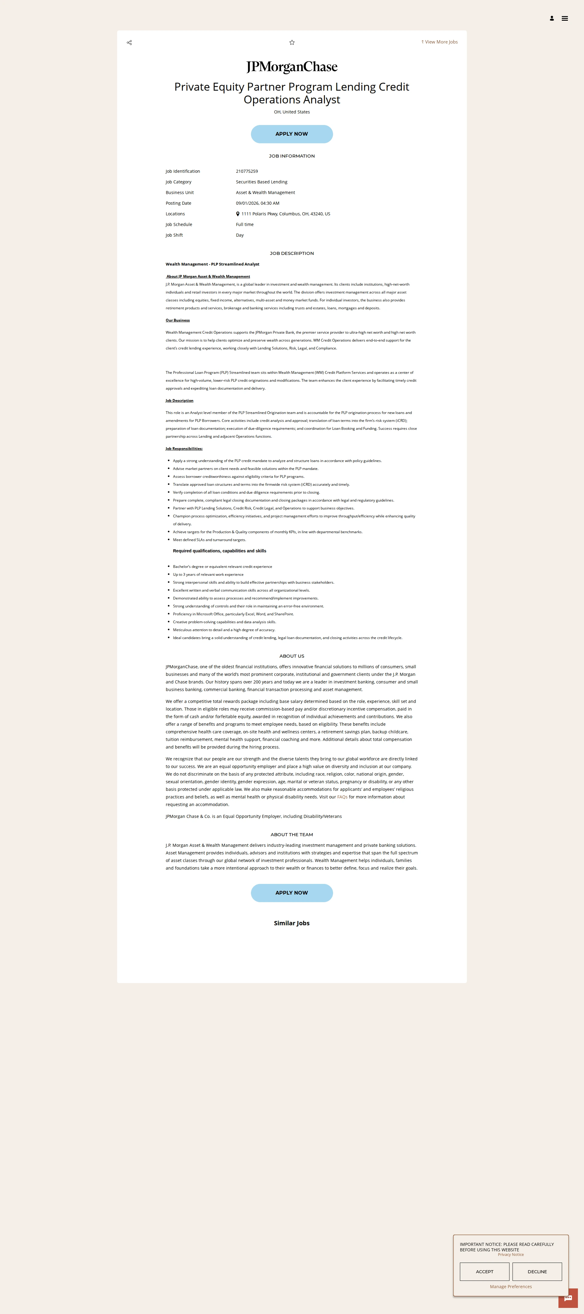 JPMorganChase Private Equity Partner Program Lending Credit Operations Analyst 채용공고