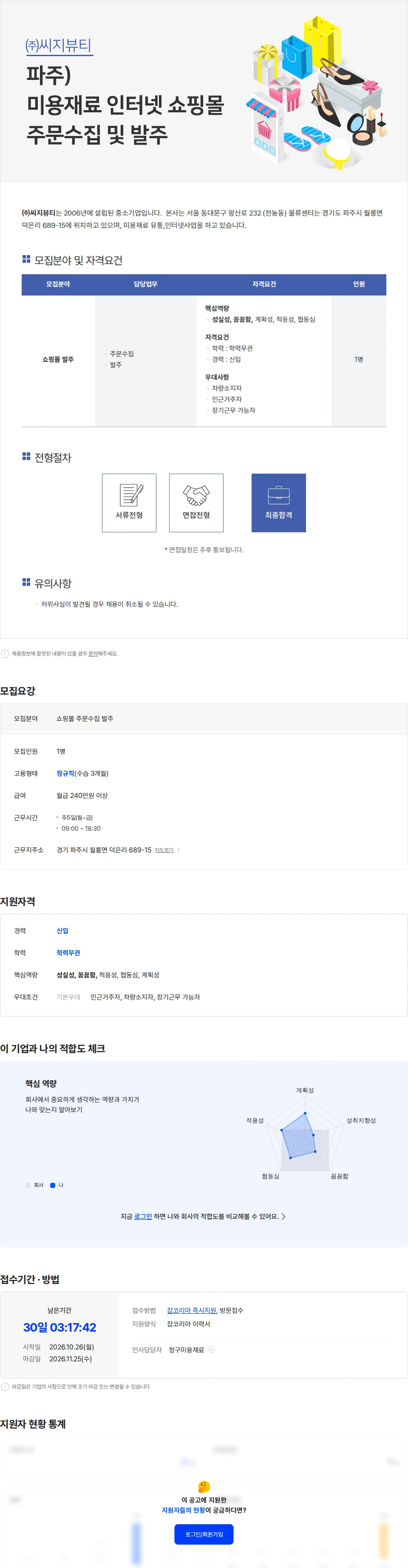 씨지뷰티 파주) 미용재료 인터넷 쇼핑몰 주문수집 및 발주 (간단업무) 채용공고