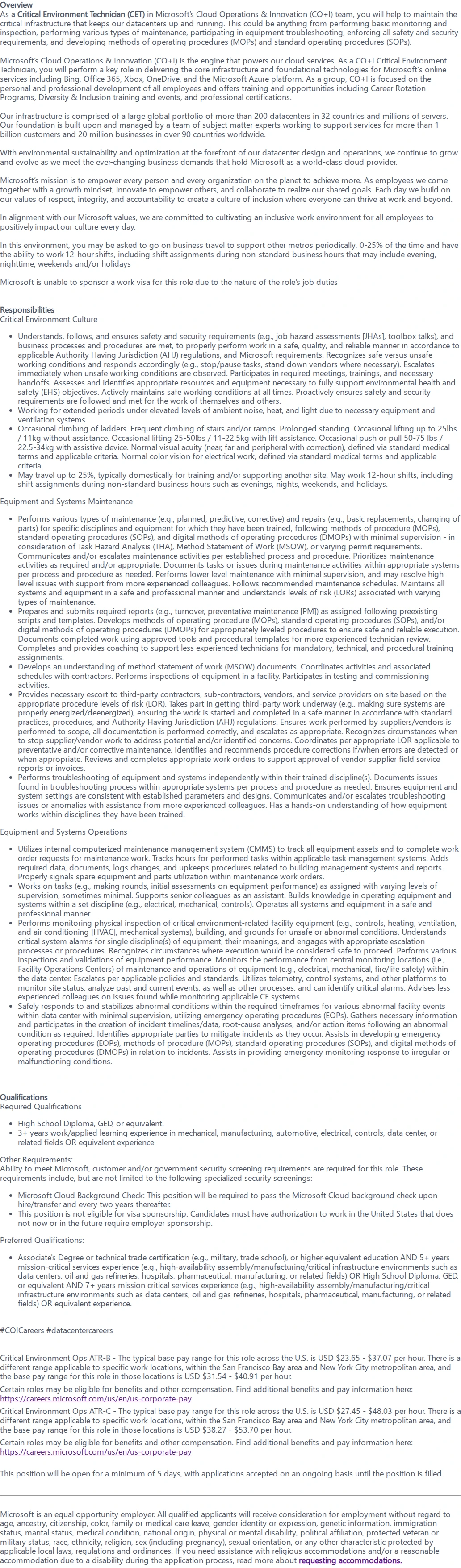 마이크로소프트(Microsoft) Critical Environment Technician 채용공고