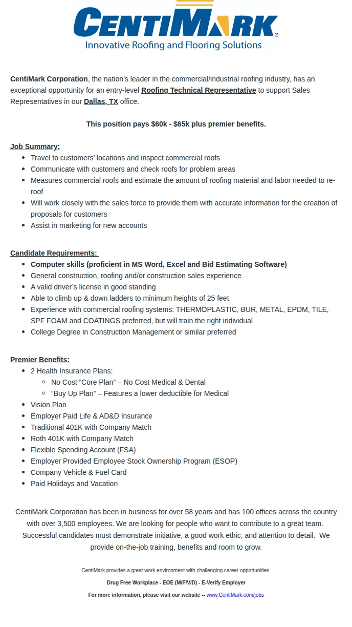 CentiMark Corporation Roofing Technical Representative 채용공고