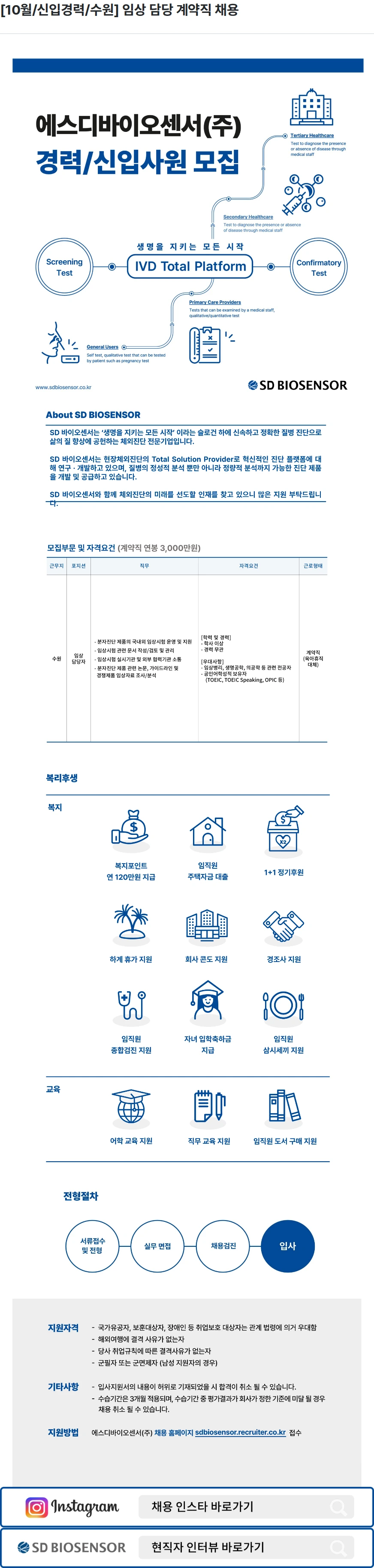 에스디바이오센서 [10월/신입경력/수원] 임상 담당 계약직 채용 채용공고