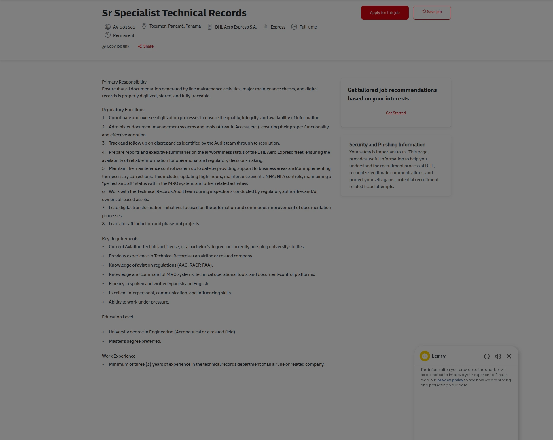 DHL Sr Specialist Technical Records 채용공고