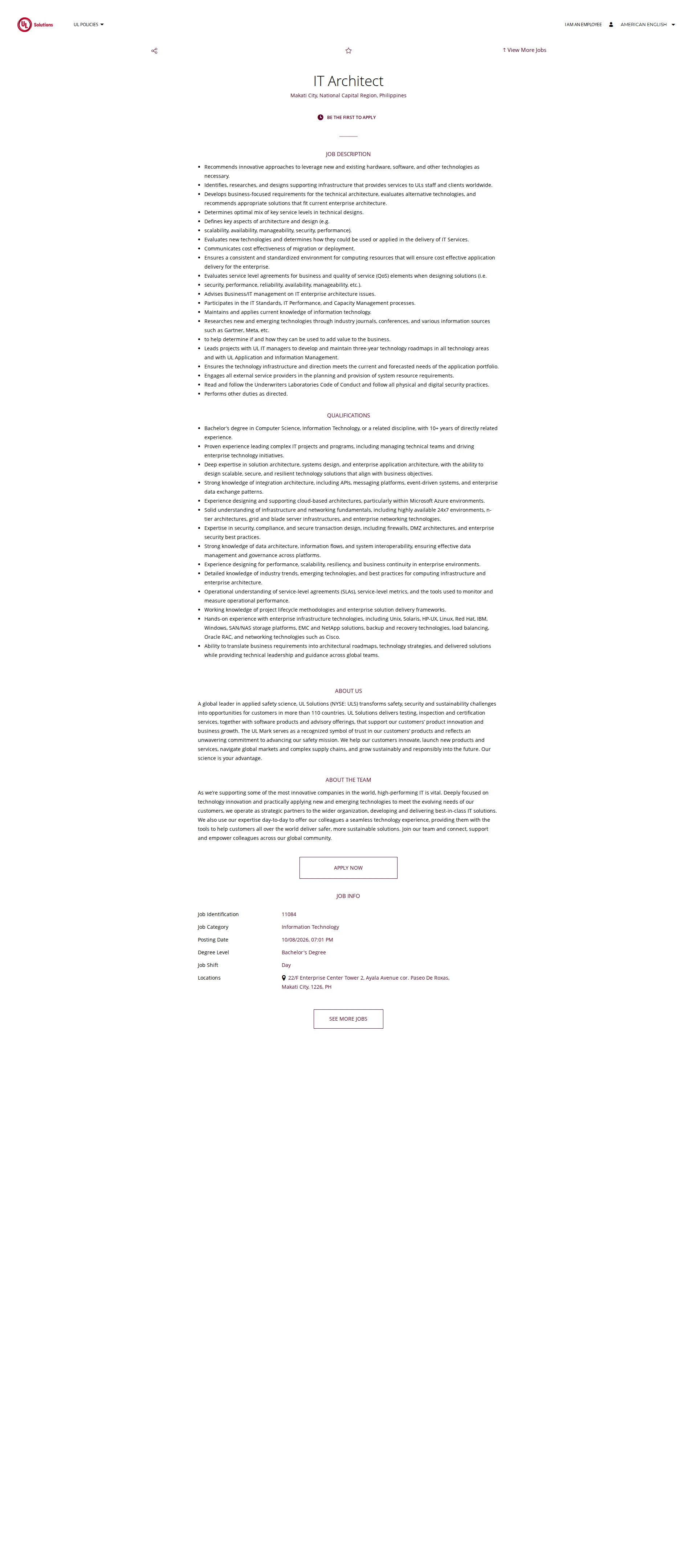 UL Solutions IT Architect 채용공고