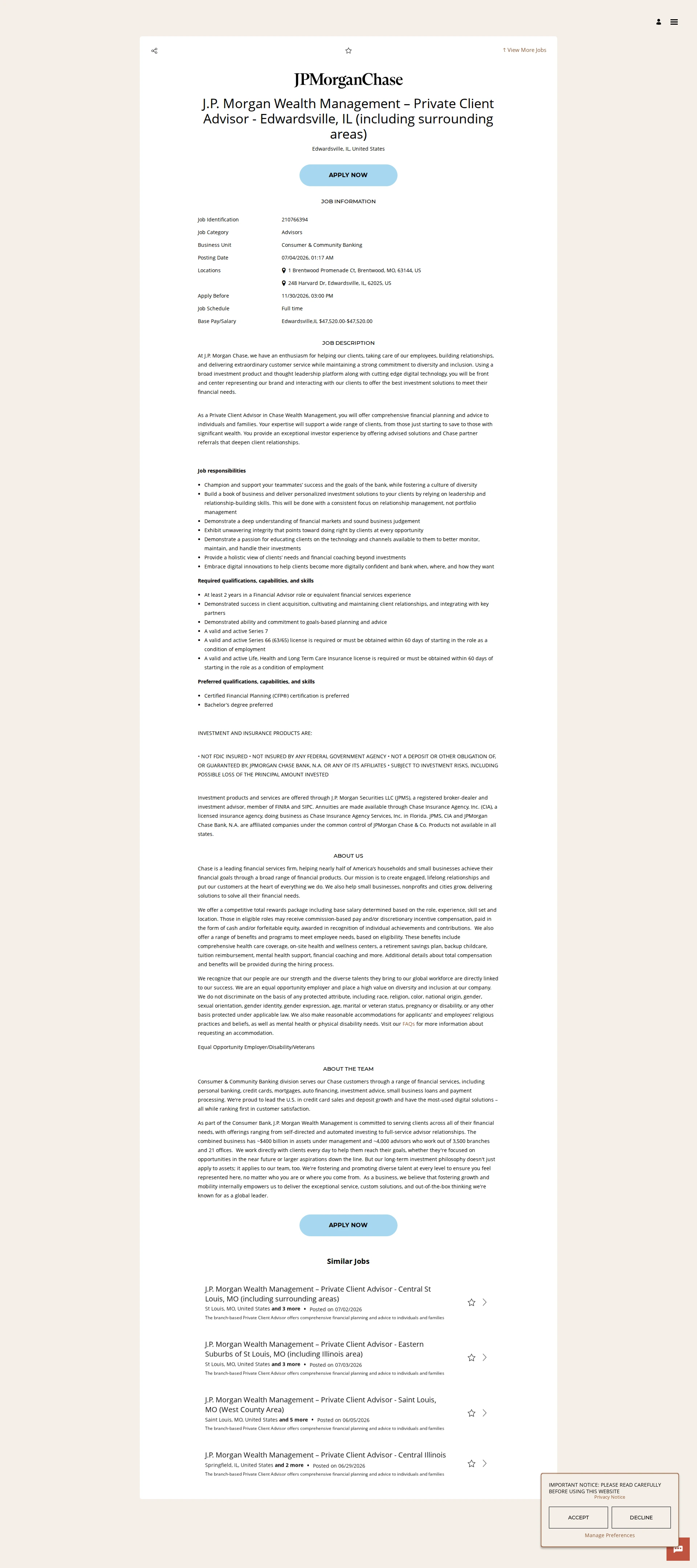 JPMorganChase J.P. Morgan Wealth Management – Private Client Advisor - Edwardsville, IL (including surrounding areas) 채용공고