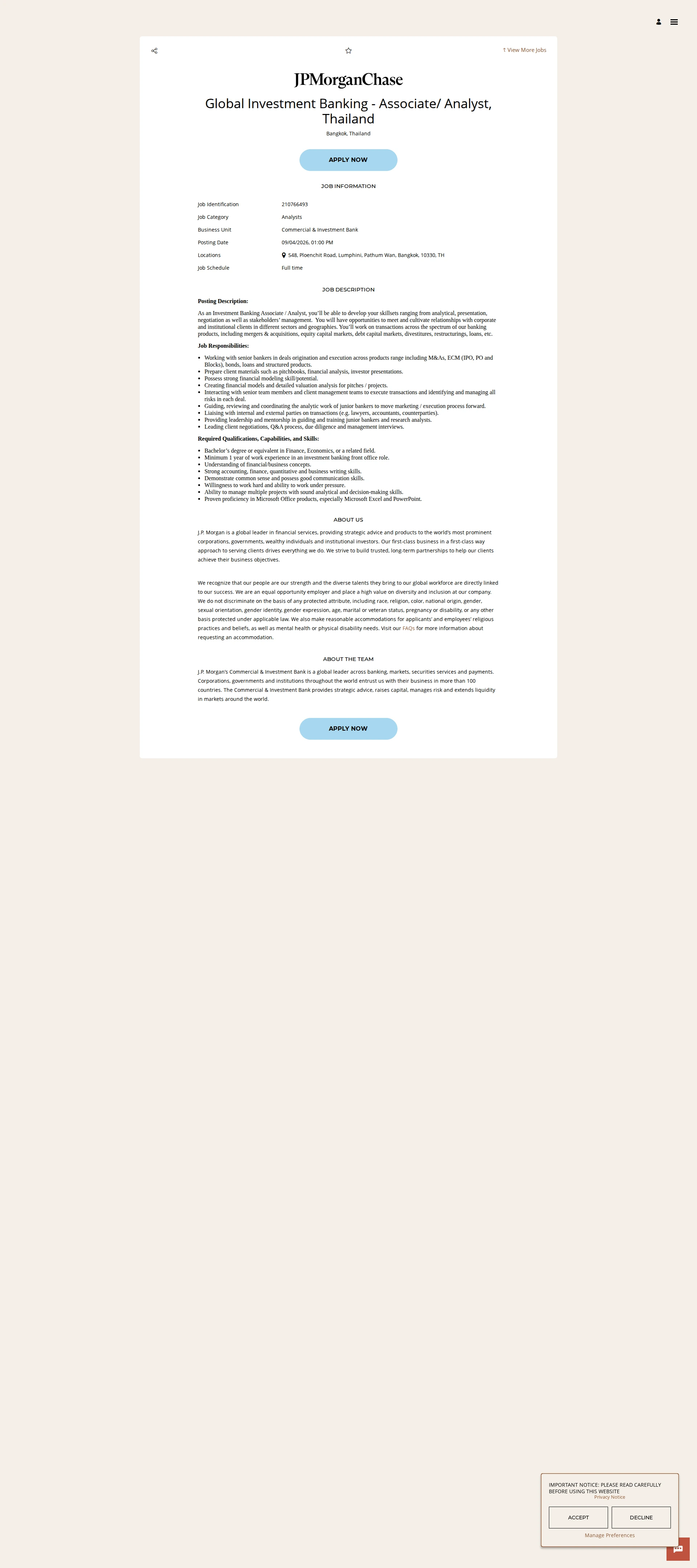 JPMorganChase Global Investment Banking - Associate/ Analyst, Thailand 채용공고