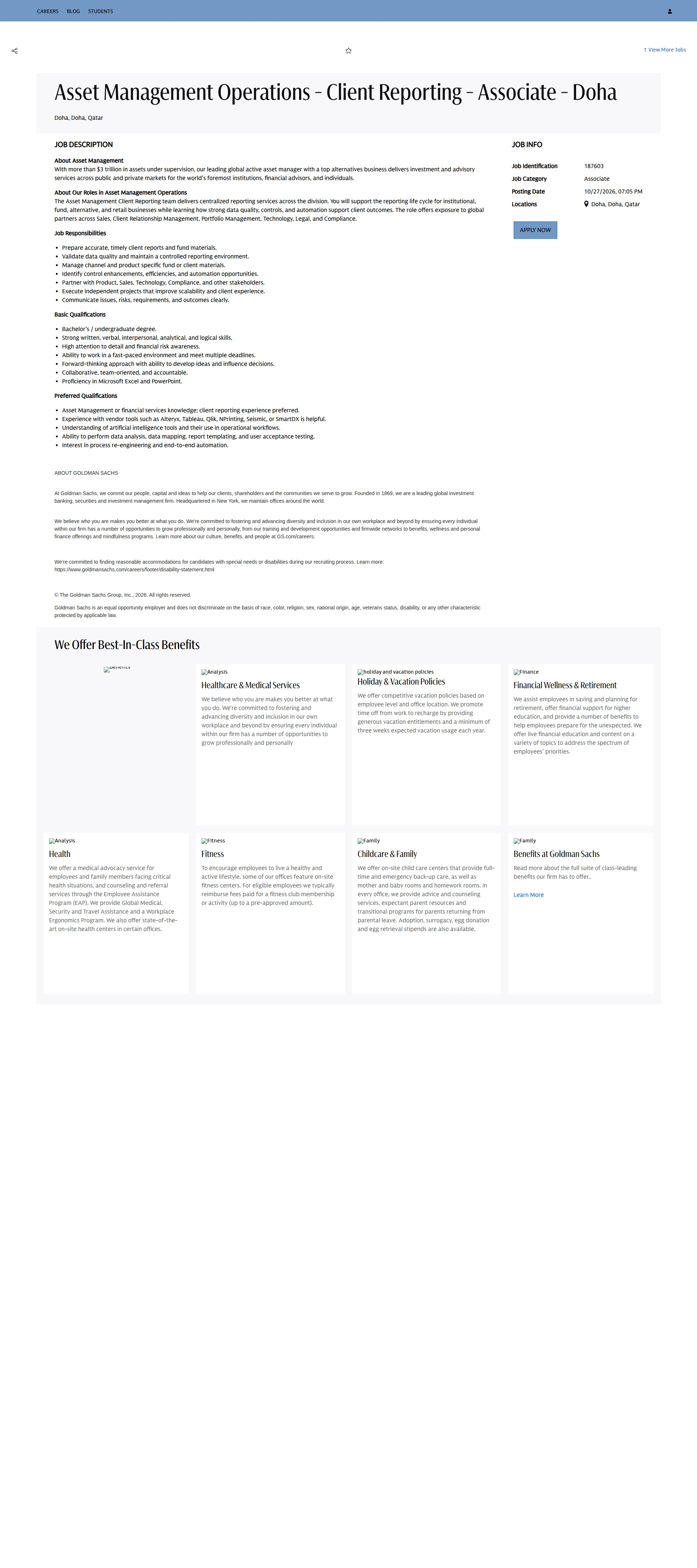 골드만삭스 Asset Management Operations - Client Reporting - Associate - Doha 채용공고