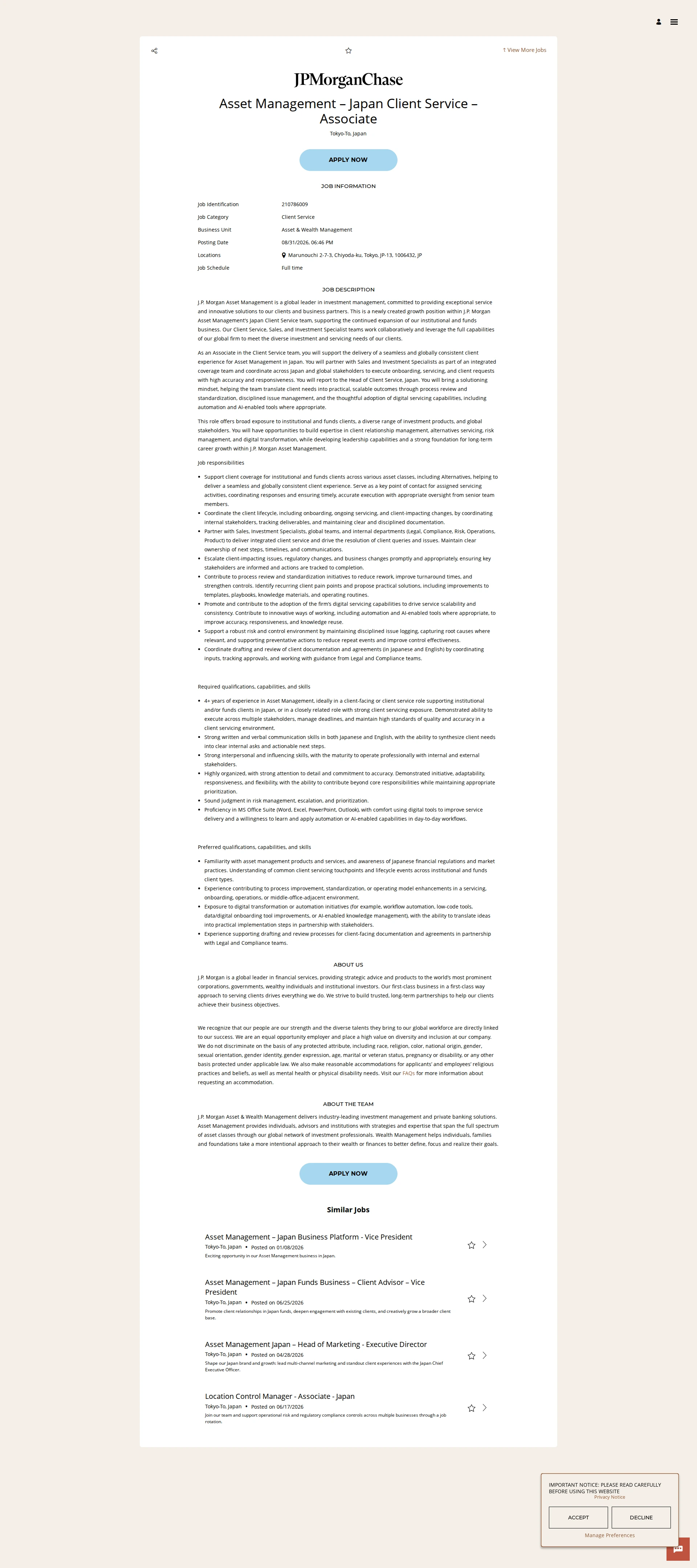 JPMorganChase Asset Management – Japan Client Service – Associate 채용공고