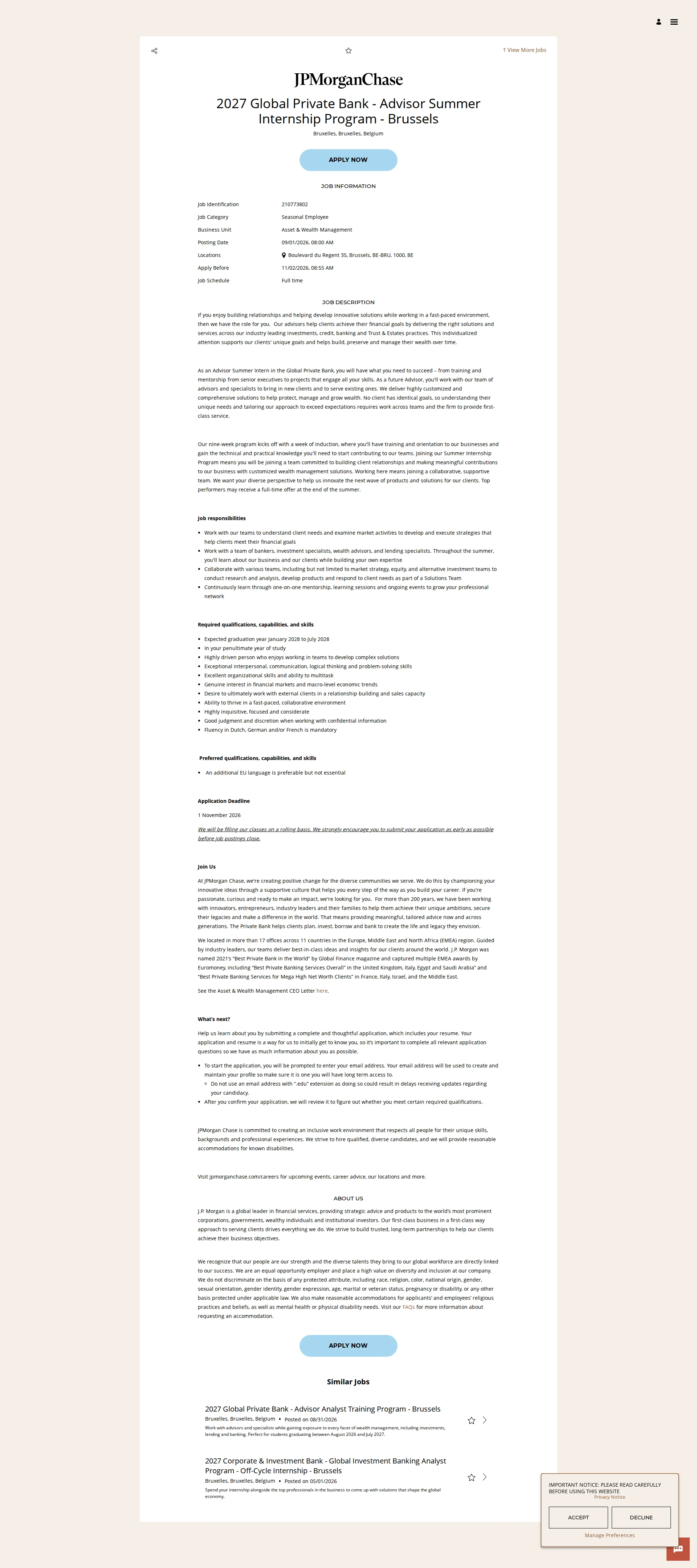 JPMorganChase 2027 Global Private Bank - Advisor Summer Internship Program - Brussels 채용공고