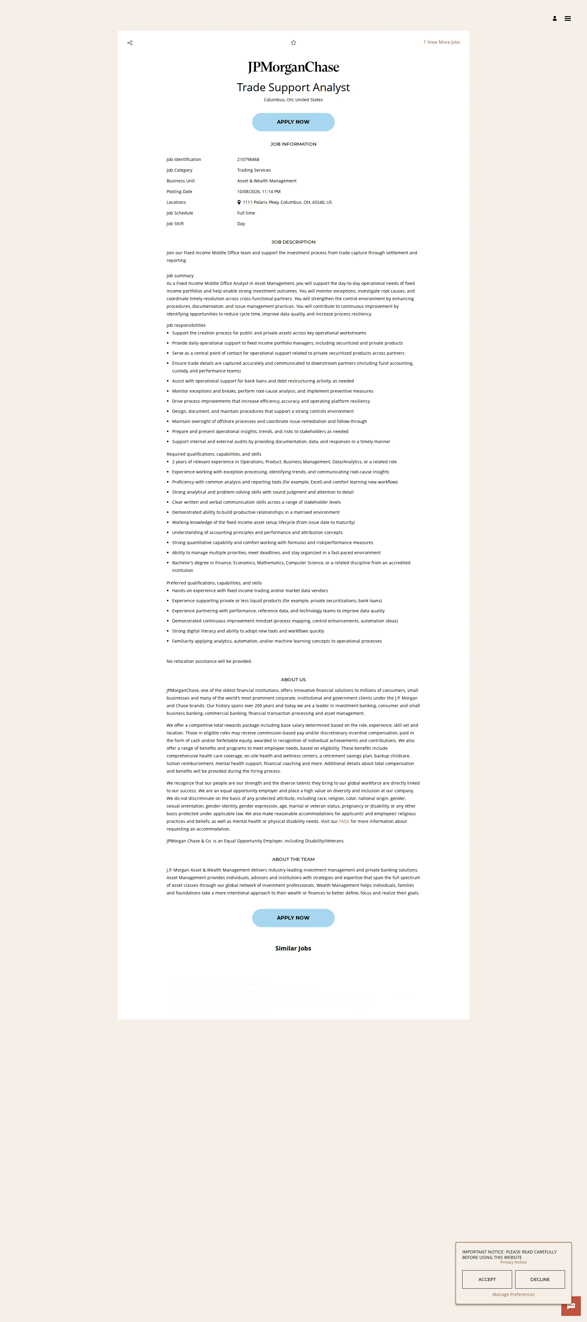JPMorganChase Trade Support Analyst 채용공고