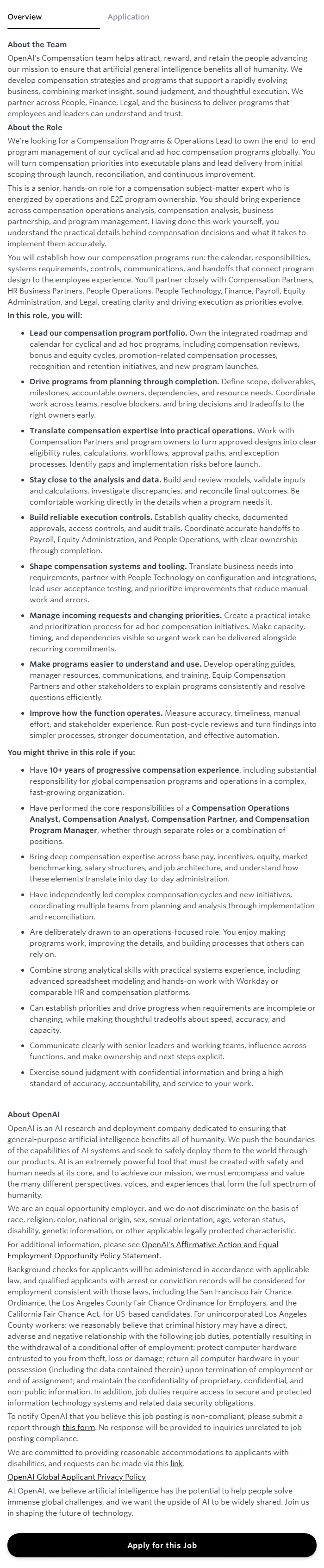 오픈에이아이(OpenAI) Compensation Programs & Operations Lead 채용공고