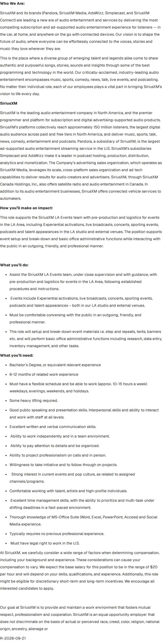 Sirius XM Events and Promotions Assistant - Part Time 채용공고