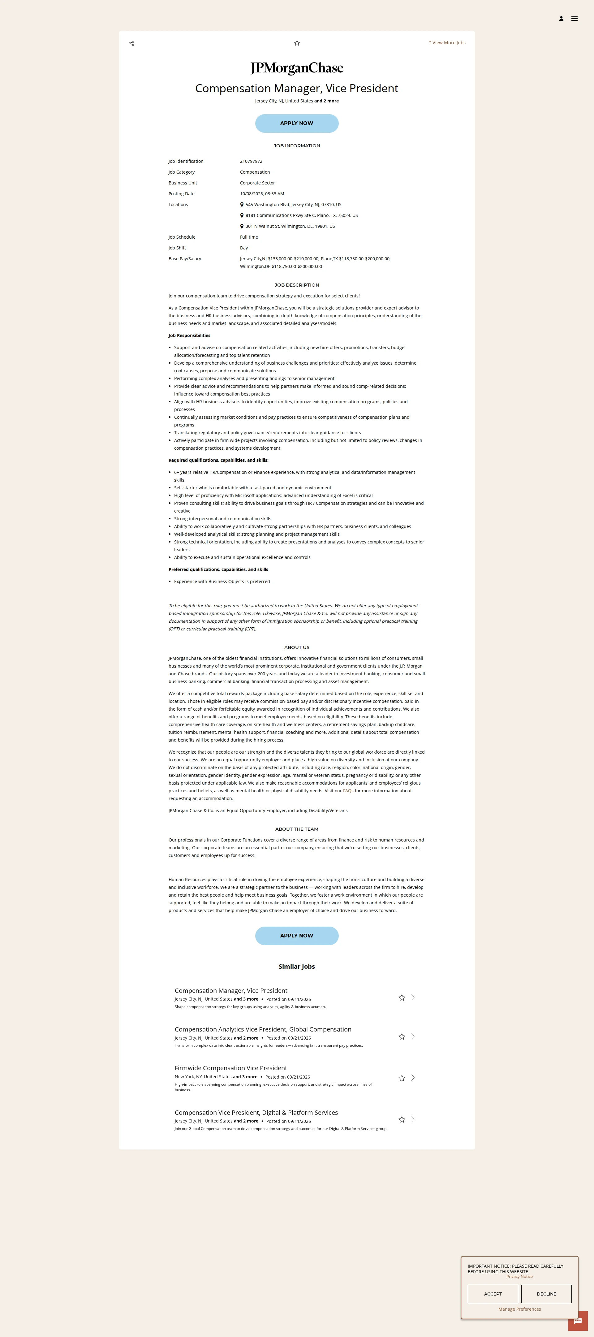 JPMorganChase Compensation Manager, Vice President 채용공고