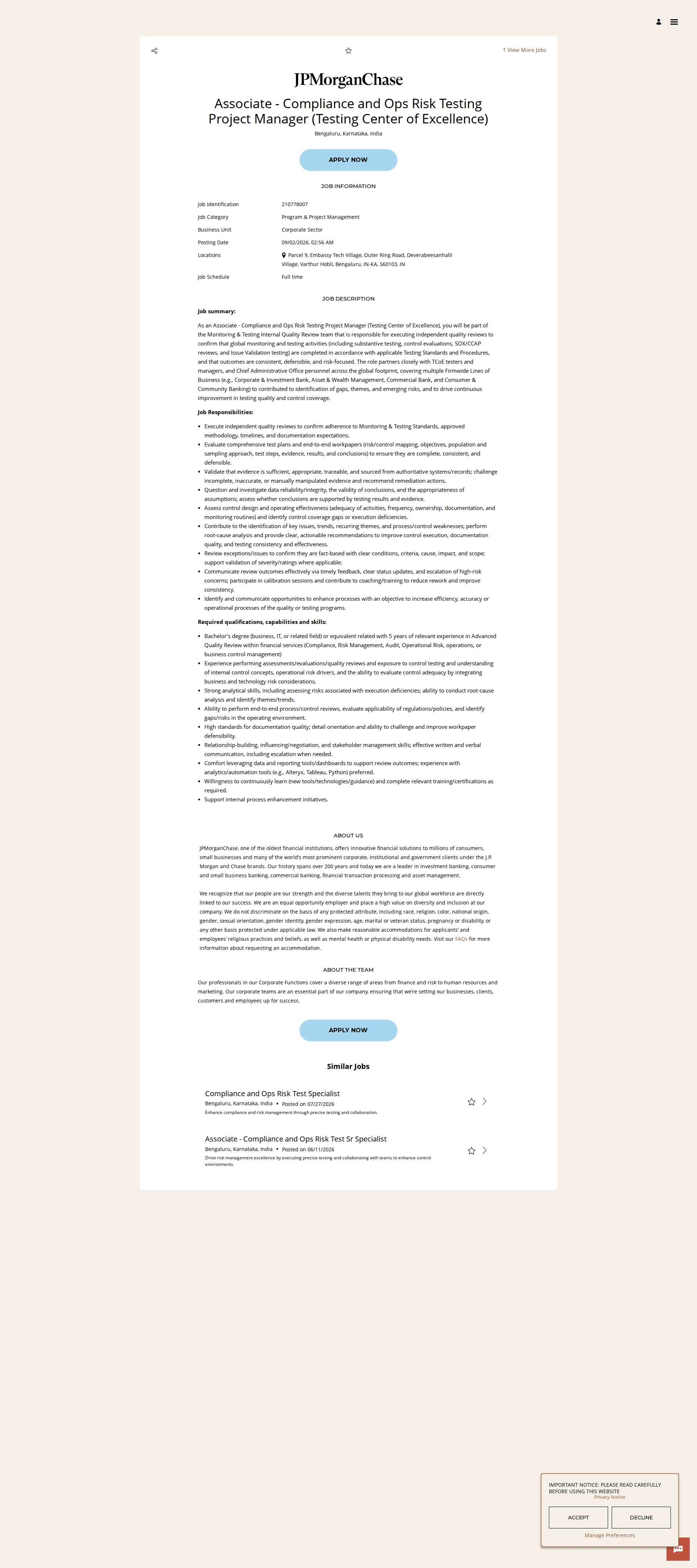JPMorganChase Associate - Compliance and Ops Risk Testing Project Manager (Testing Center of Excellence) 채용공고