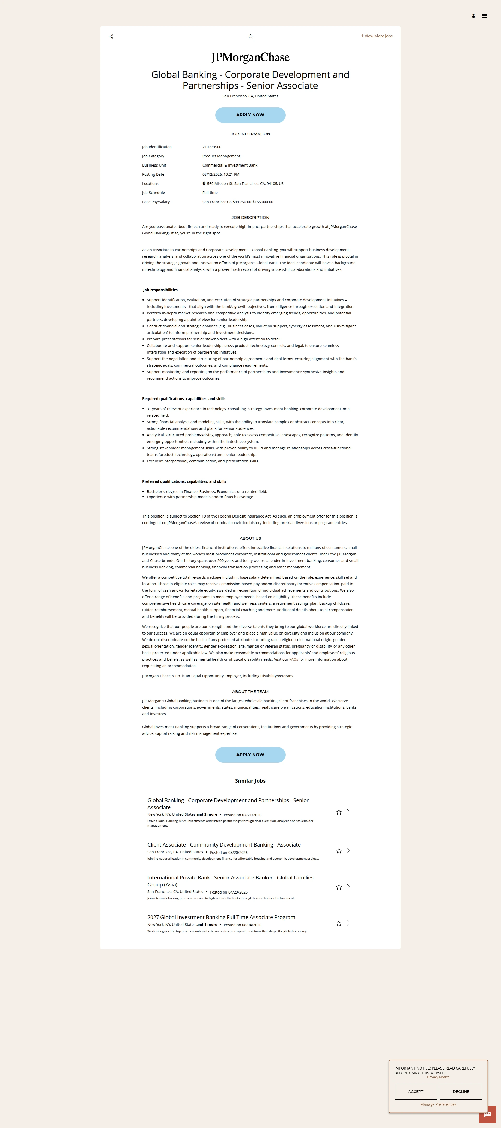 JPMorganChase Global Banking - Corporate Development and Partnerships - Senior Associate 채용공고