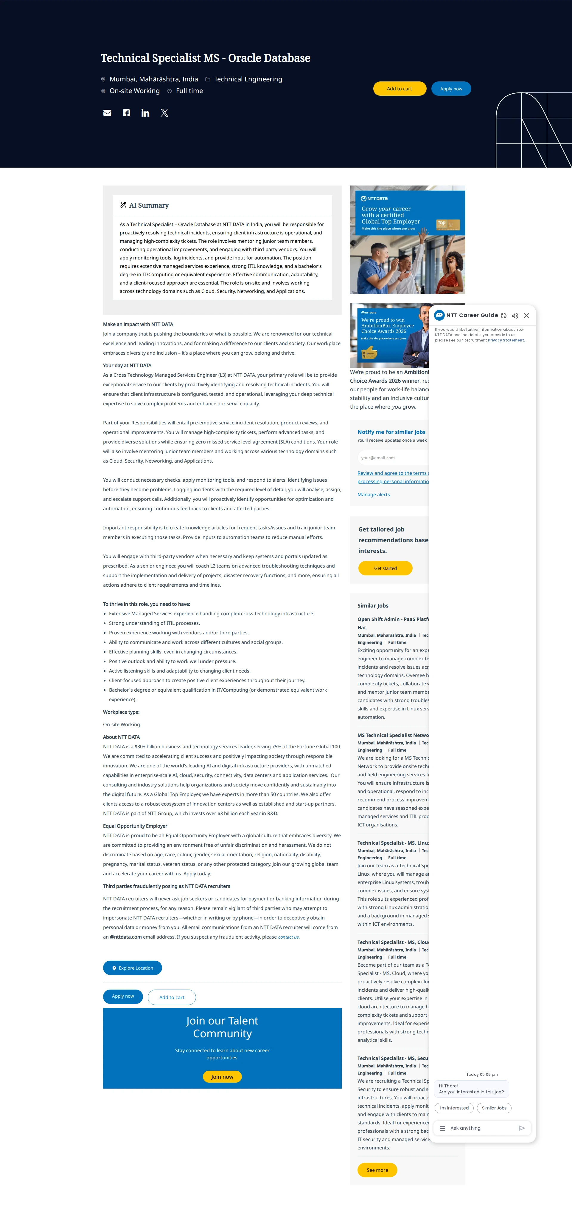 NTT데이터 Technical Specialist MS - Oracle Database 채용공고