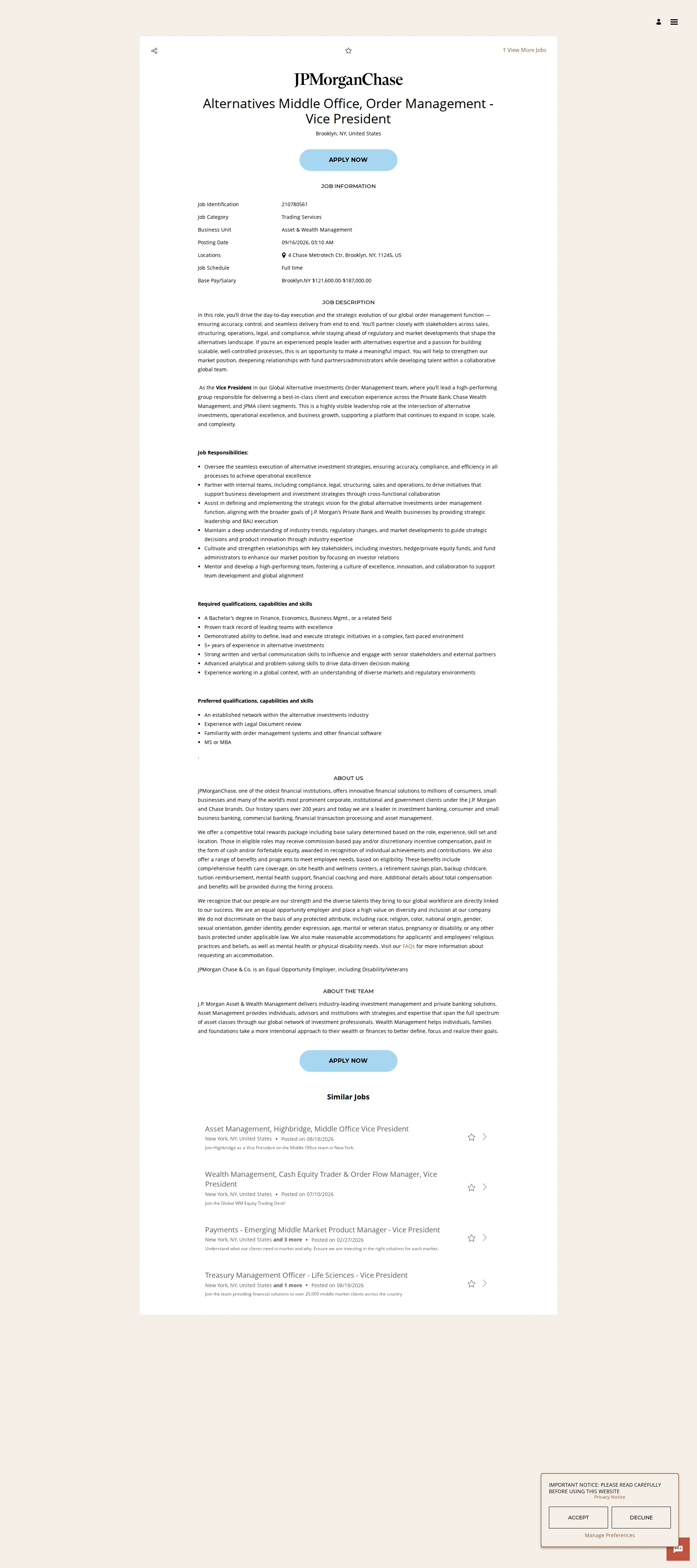 JPMorganChase Alternatives Middle Office, Order Management - Vice President 채용공고