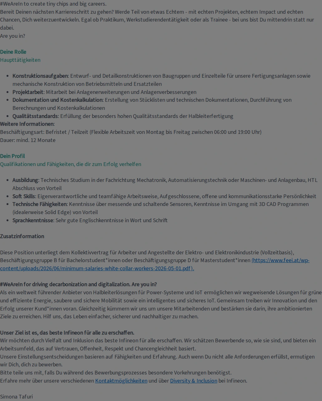 인피니언 Industriepraktikum - Unterstützung Betriebsmittelkonstruktion (w/m/div) 채용공고