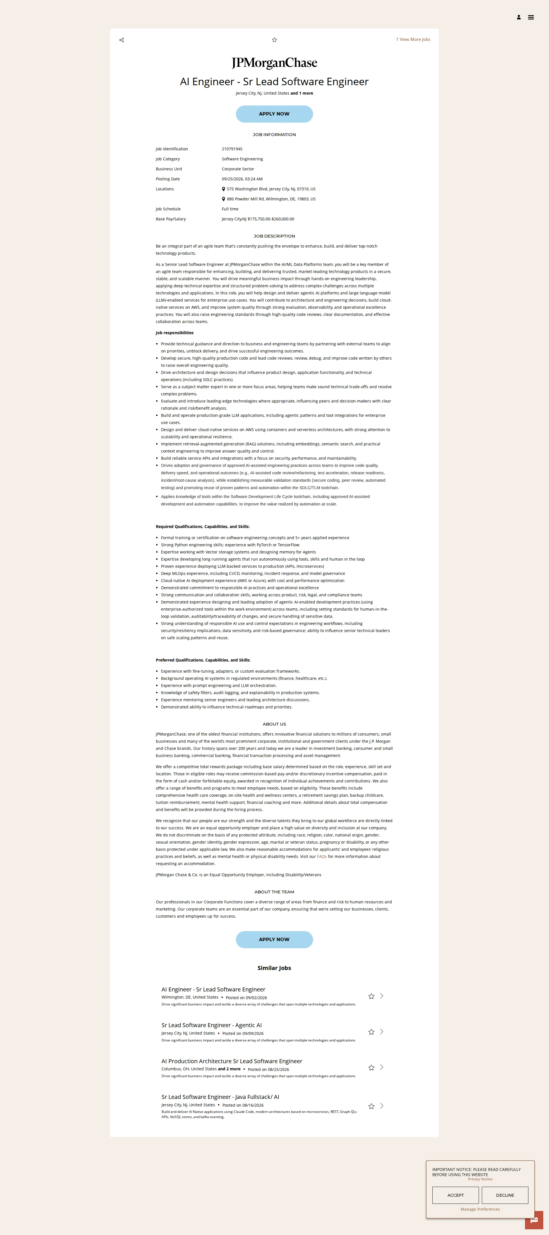 JPMorganChase AI Engineer - Sr Lead Software Engineer 채용공고
