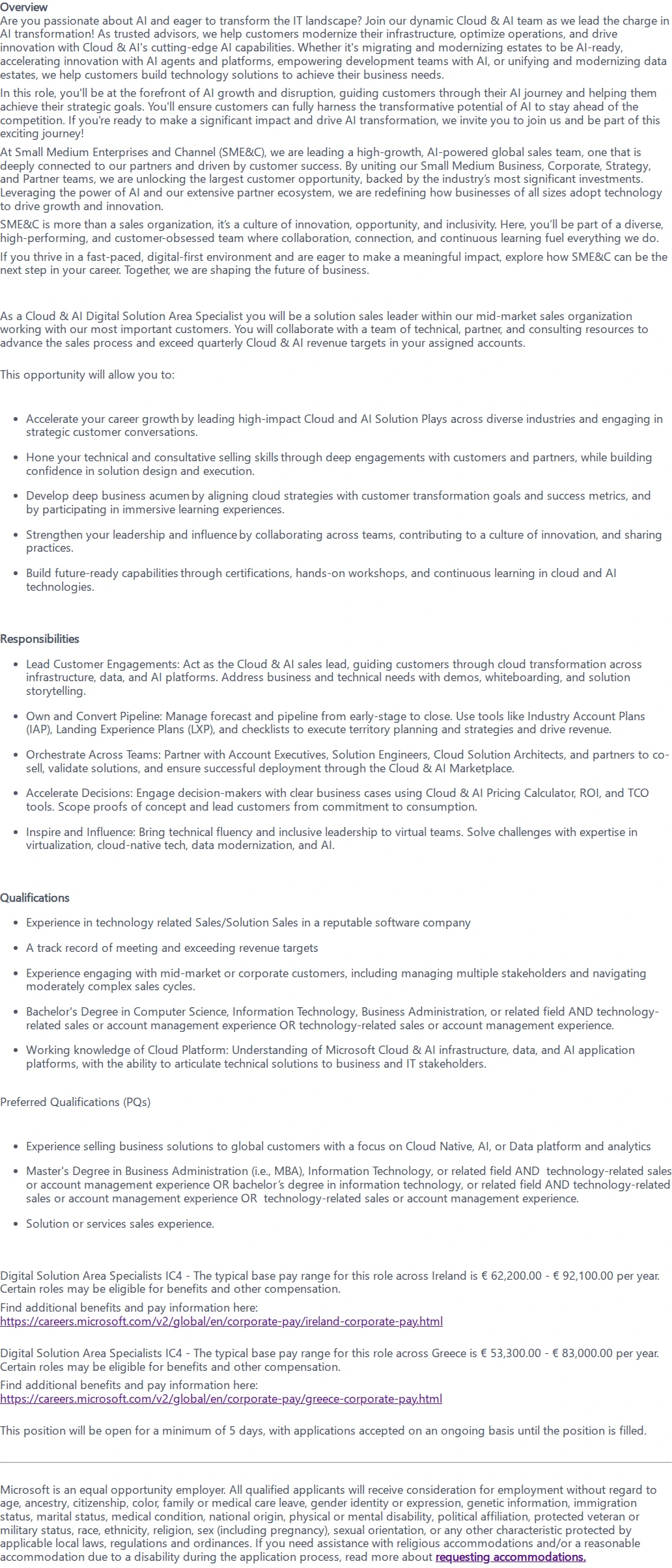 마이크로소프트(Microsoft) Digital Solution Area Specialist - Cloud AI Solution 채용공고