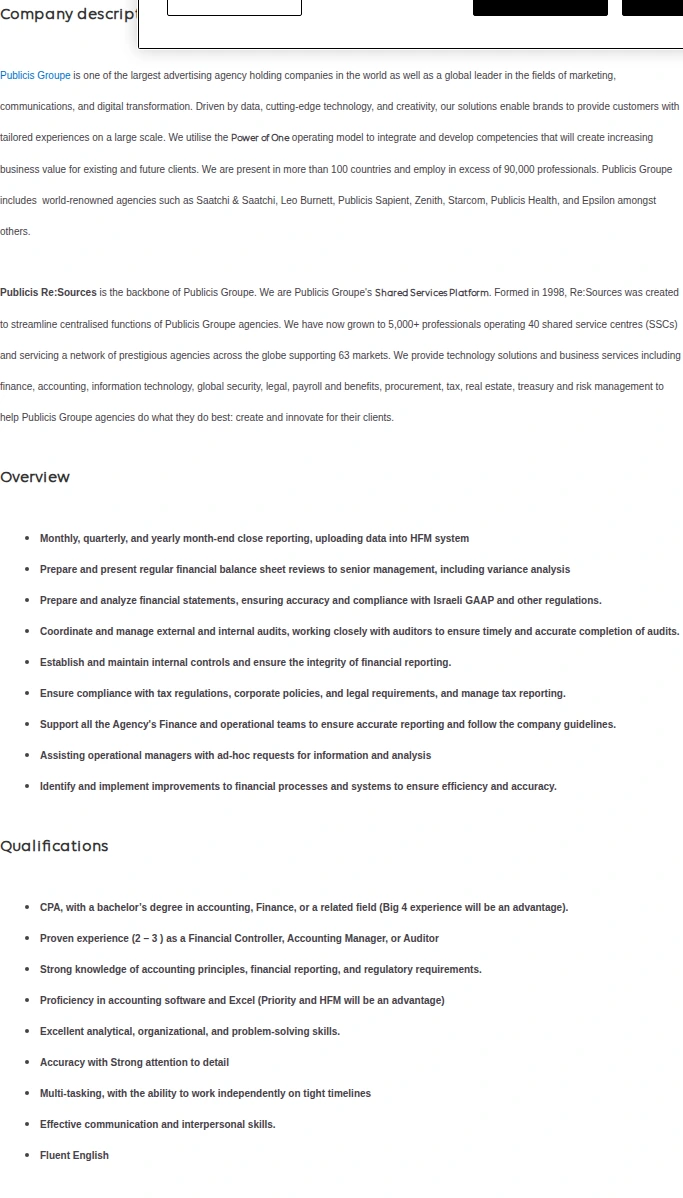 Publicis Groupe Finance Controller, Publicis Re:Sources Israel 채용공고