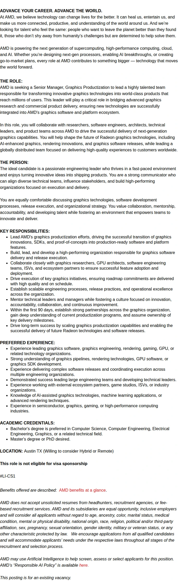 AMD Senior Manager- Graphics Productization 채용공고
