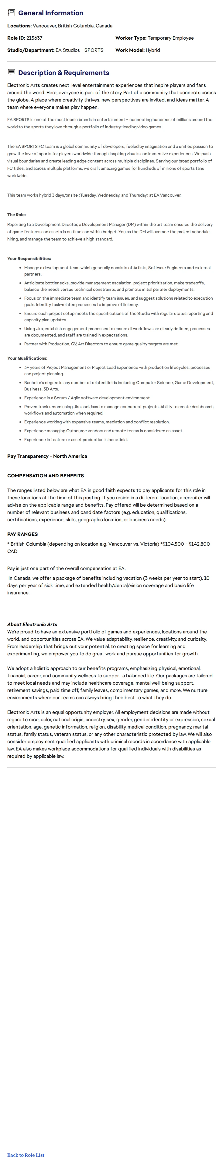 ElectronicArts Development Manager - EA Sports FC 채용공고