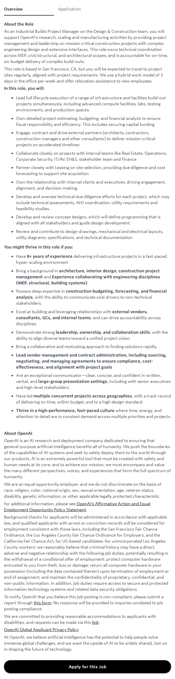 오픈에이아이(OpenAI) Project Manager, Design and Construction - R&D/Lab Buildouts 채용공고