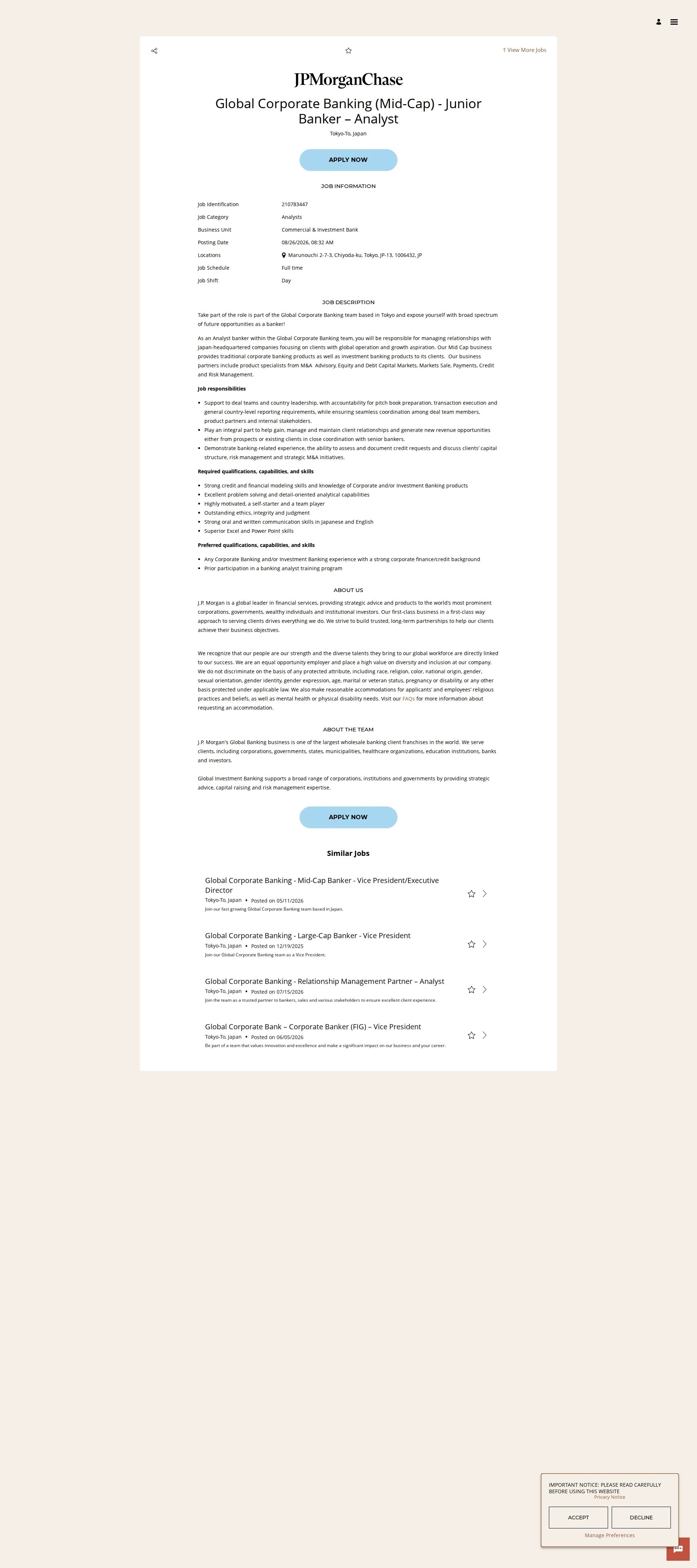 JPMorganChase Global Corporate Banking (Mid-Cap) - Junior Banker – Analyst 채용공고