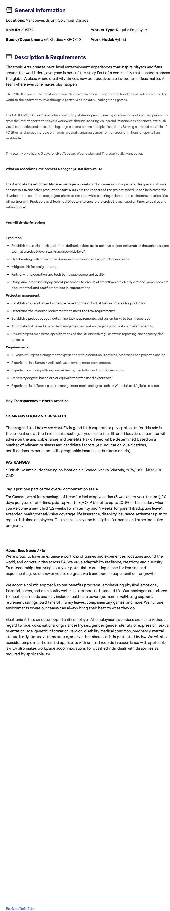 ElectronicArts Associate Development Manager - EA Sports FC 채용공고